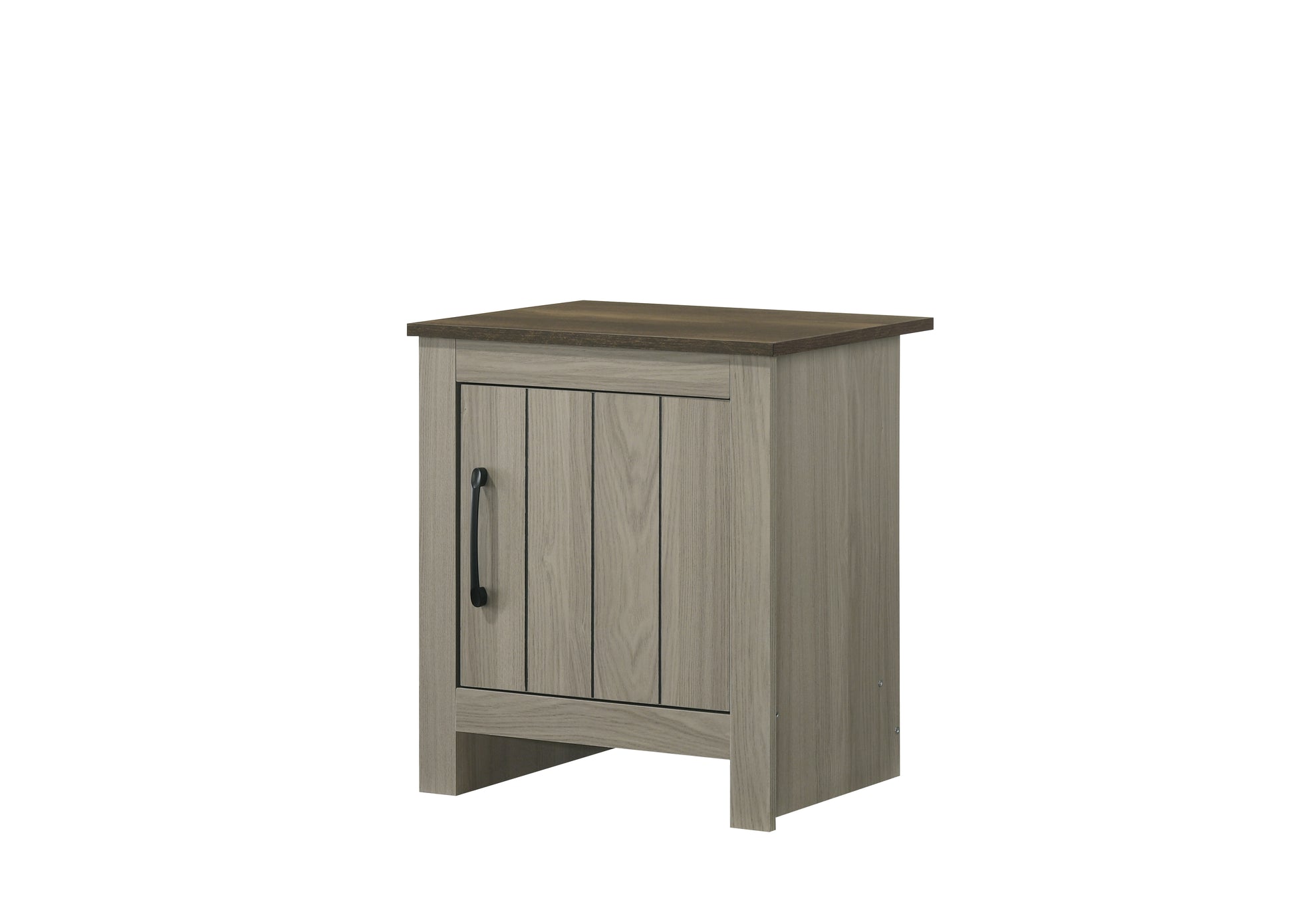 Rustic grey wood nightstand with a dark wood top and a single door with a black handle