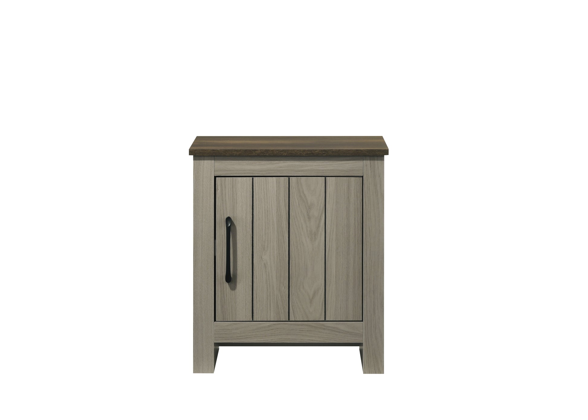 Rustic gray wood nightstand with black handle and dark wood top