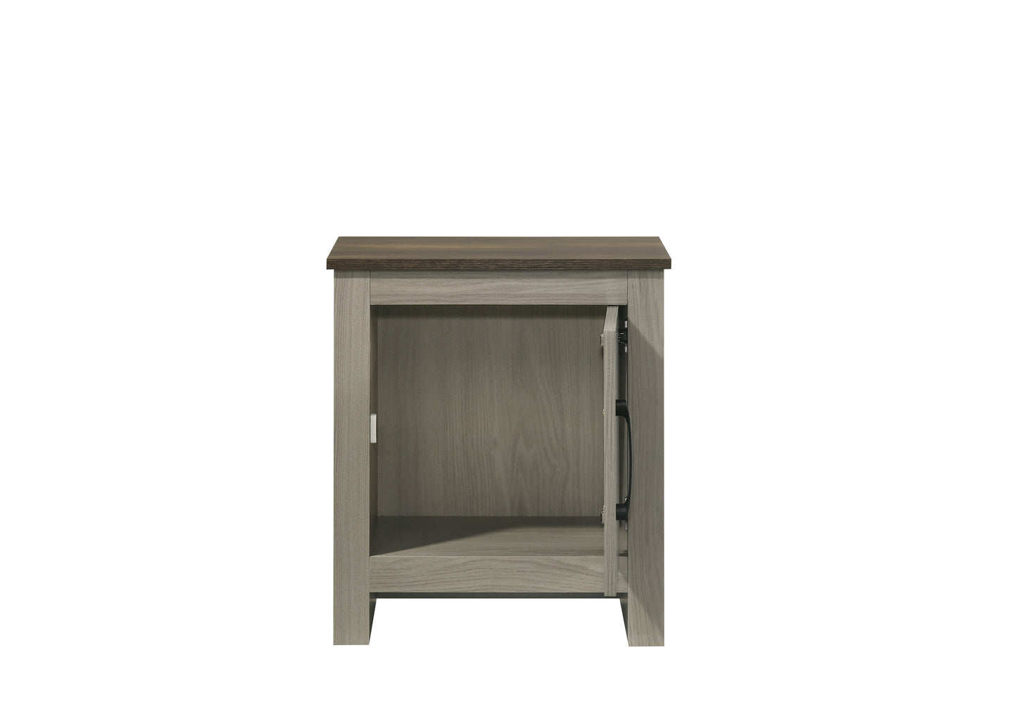 Gray wood cabinet with open door and rustic brown top perfect for small spaces