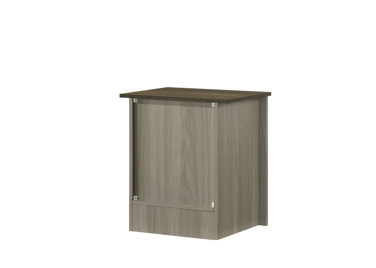 Grey wood grain cabinet with dark wood top perfect for small spaces