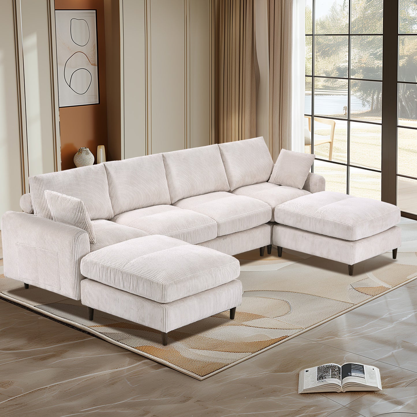 Cream corduroy sectional sofa with multiple ottomans for living room comfort