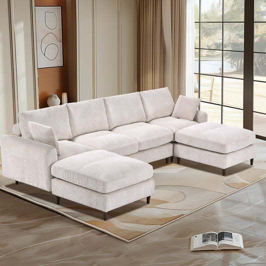 Cream corduroy sectional sofa with multiple ottomans for living room comfort
