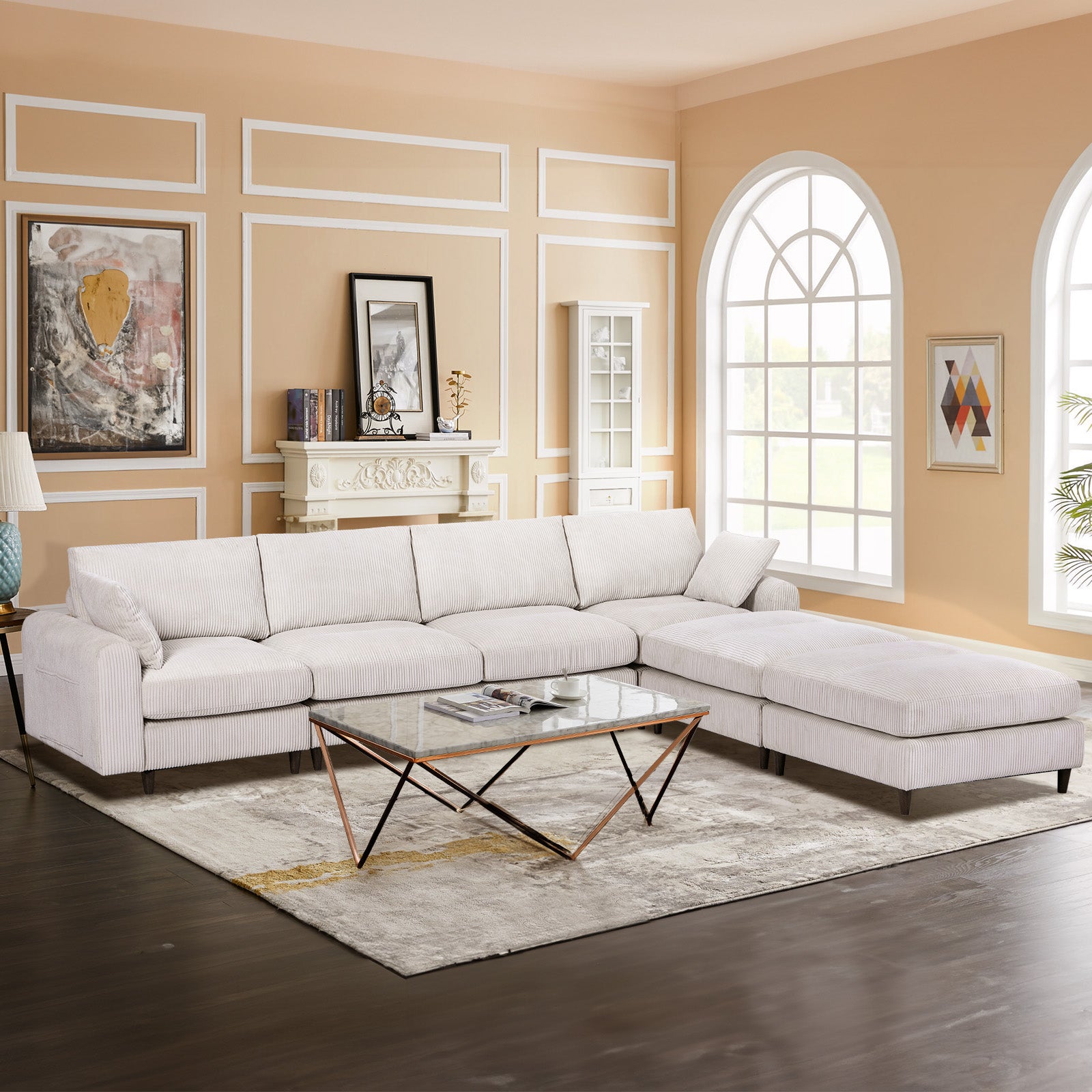 Plush ivory corduroy sectional sofa with chaise perfect for a modern living room