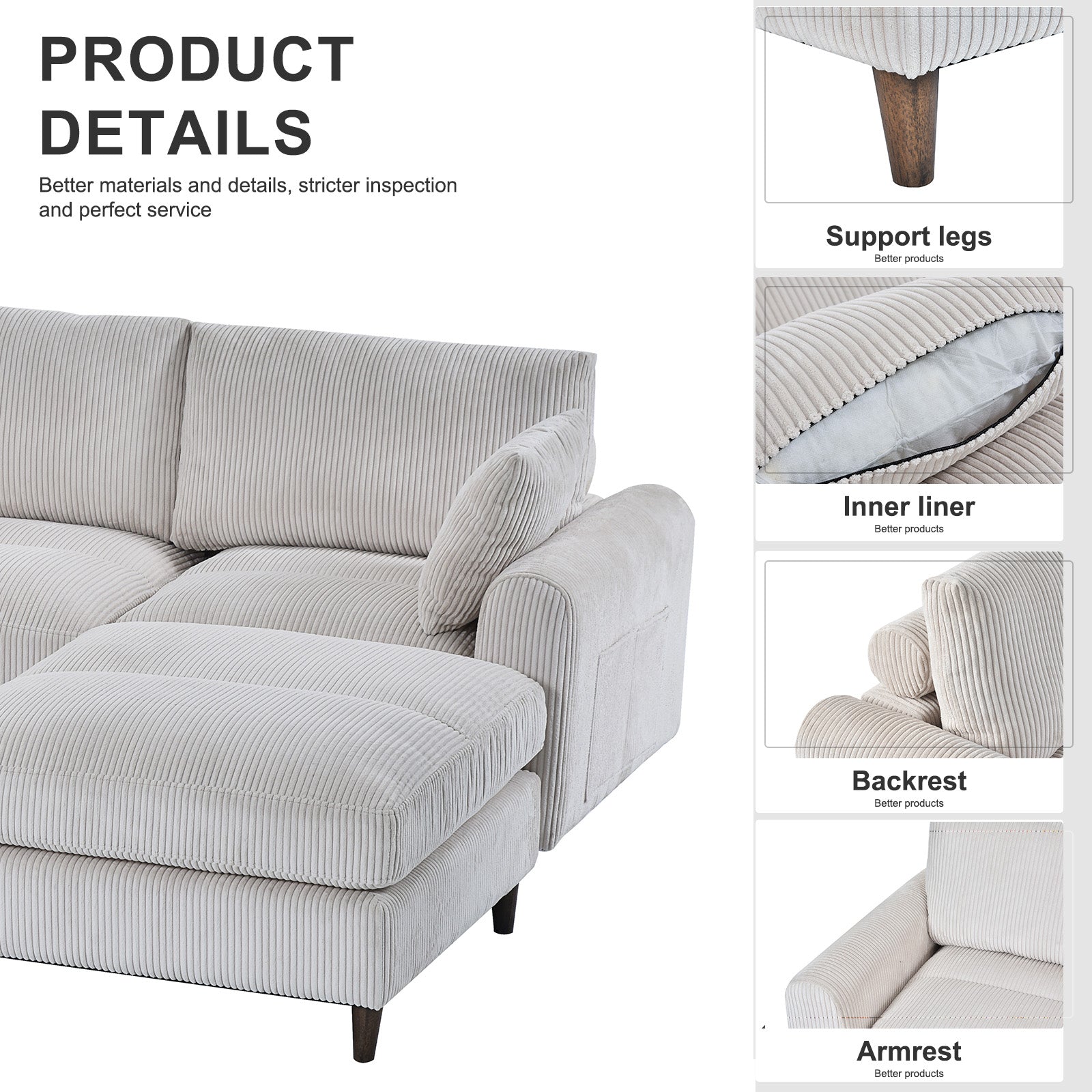 Sectional sofa with plush corduroy upholstery in a light beige color and comfortable chaise lounge