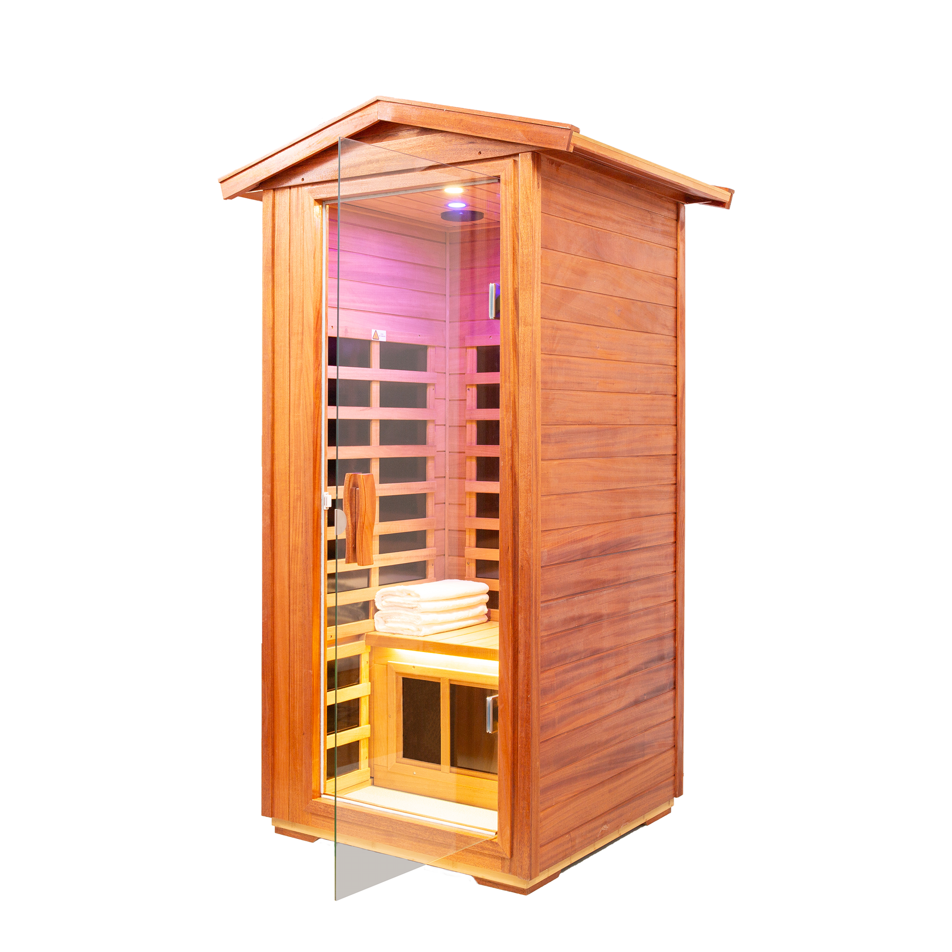 Wooden infrared sauna cabin with glass door and interior seating