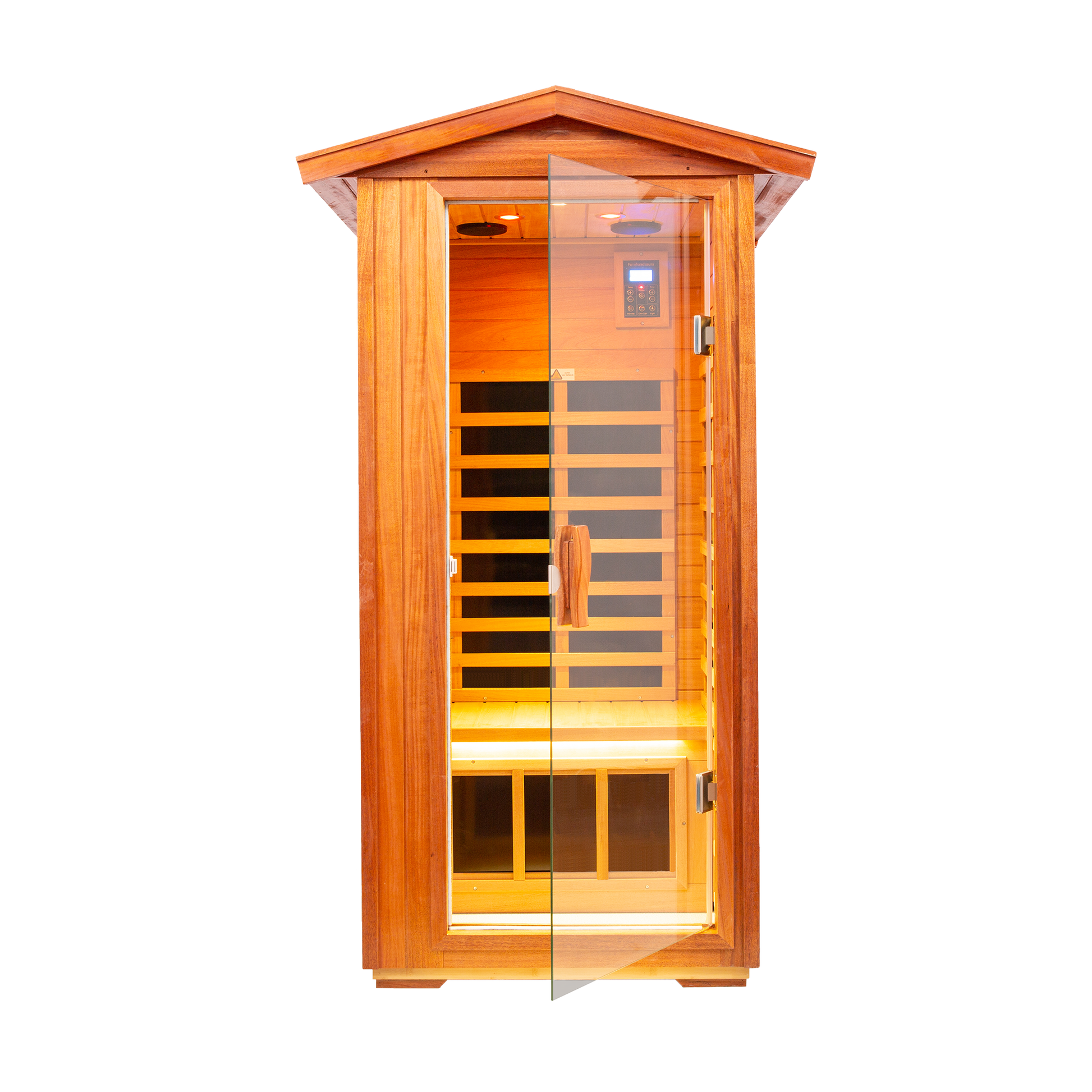 Wooden infrared sauna cabin with glass door and digital controls