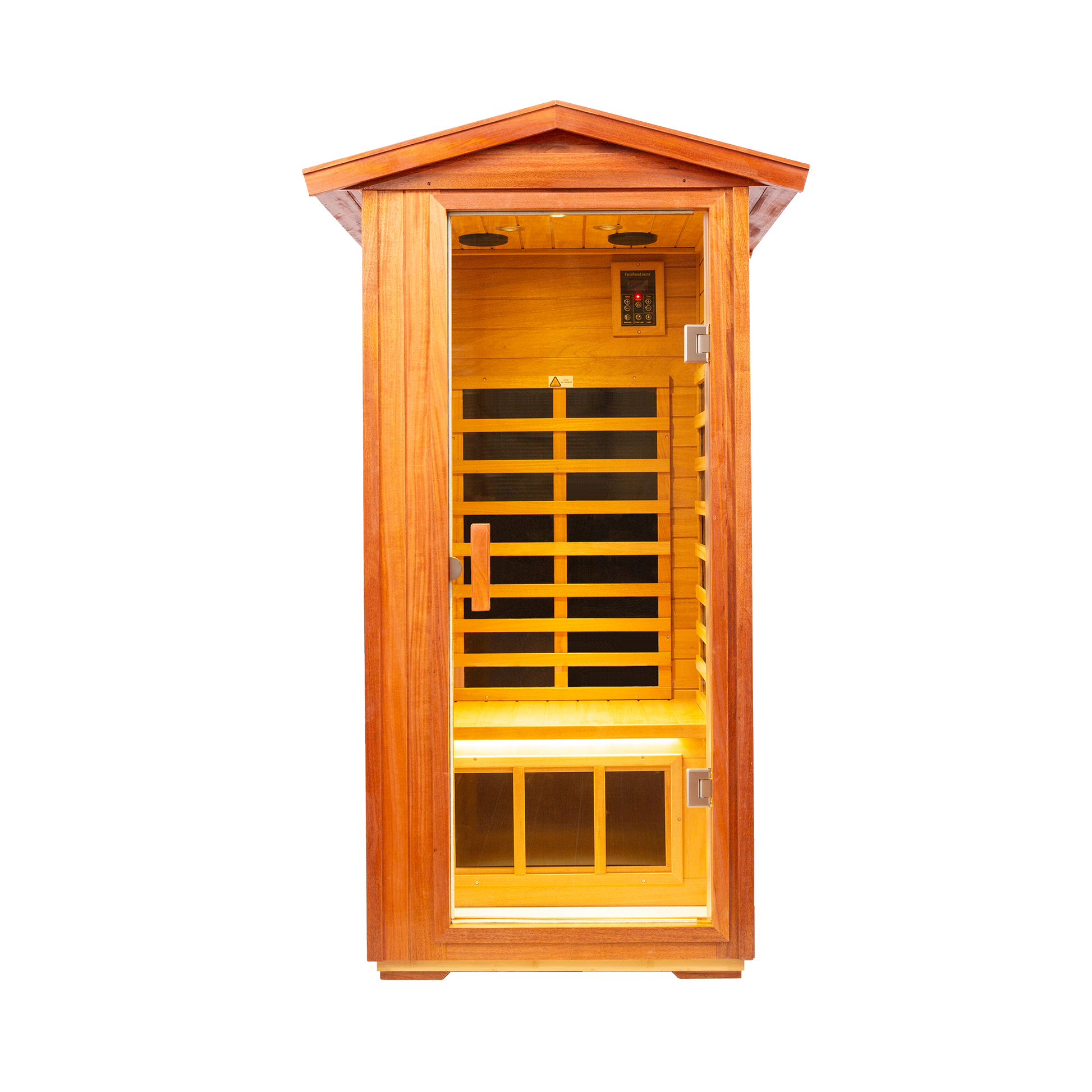 Single person infrared sauna cabin crafted from warm cedar wood ideal for home spa relaxation