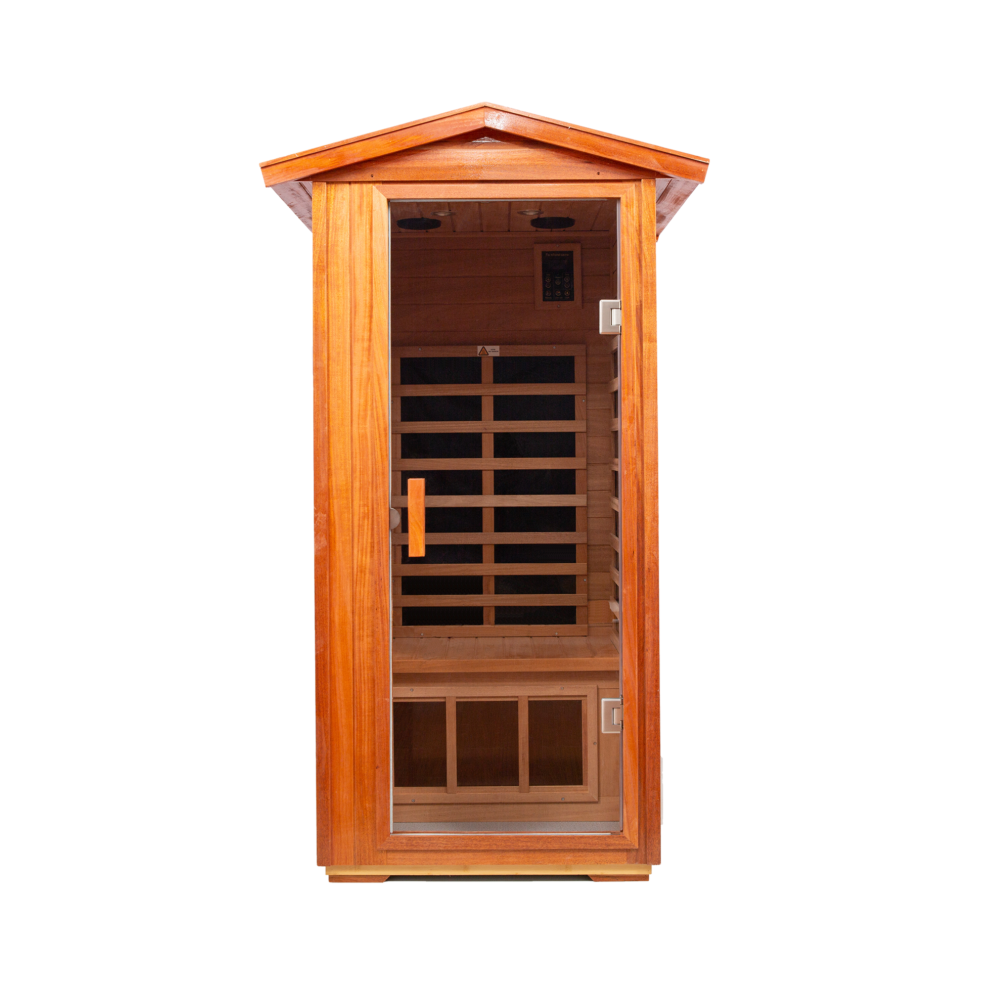 Wooden infrared sauna cabin with glass door and interior heating panels for home use