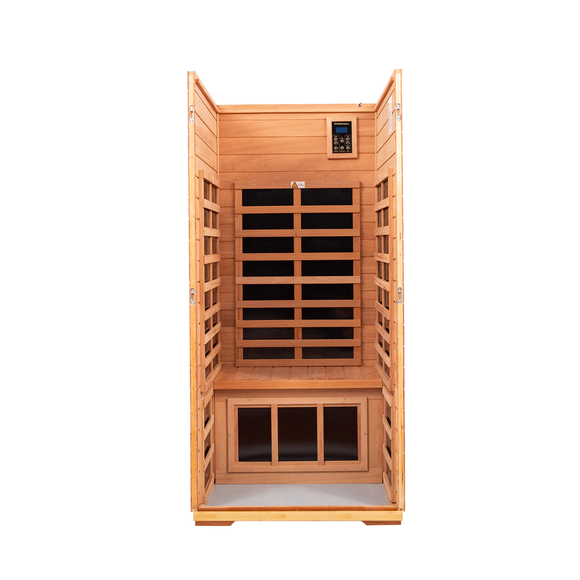 Interior view of a natural wood person far infrared sauna cabin with bench seating