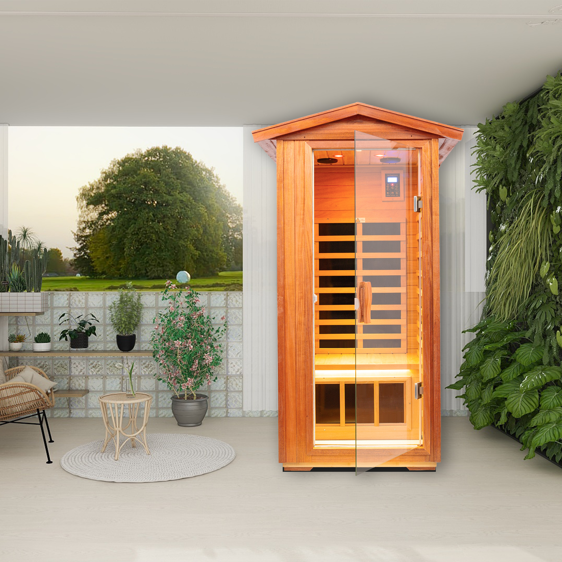 Luxurious wooden infrared sauna cabin with glass door and integrated control panel
