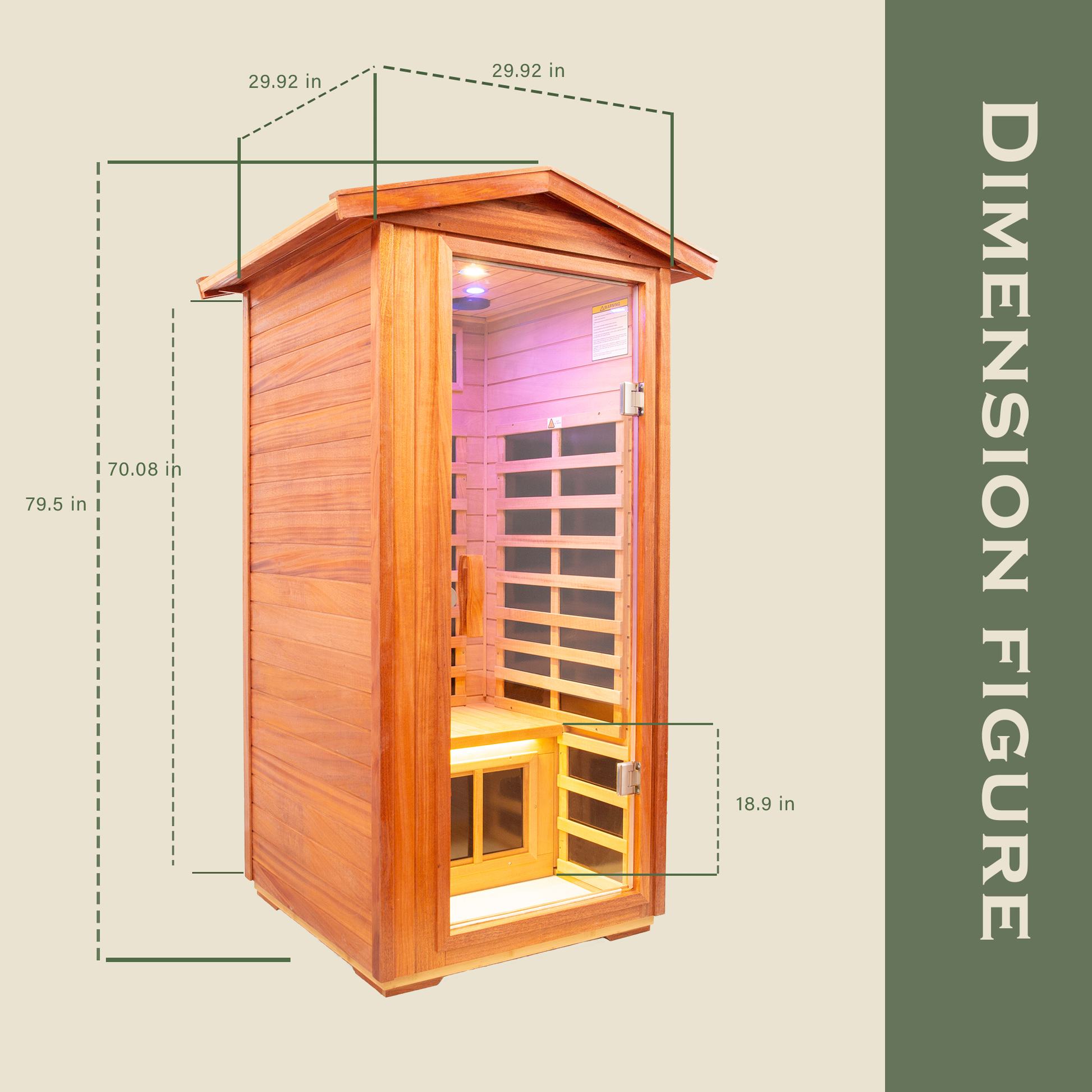 Wooden infrared sauna cabin with glass door interior light and dimensions indicated