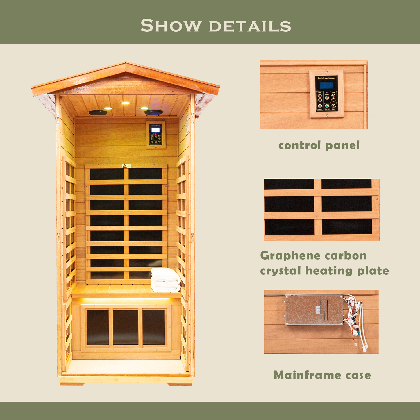 Wooden infrared sauna interior with stacked white towels on the bench