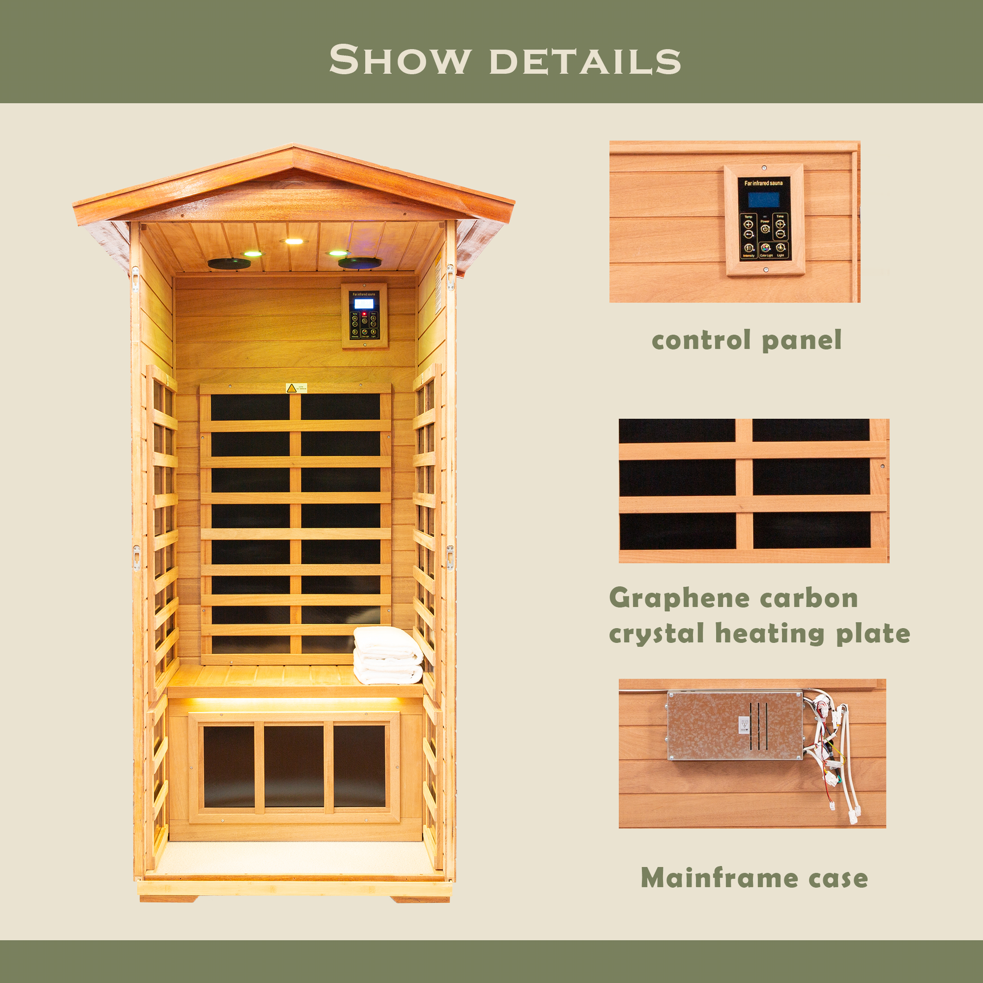 Wooden infrared sauna interior with stacked white towels on the bench