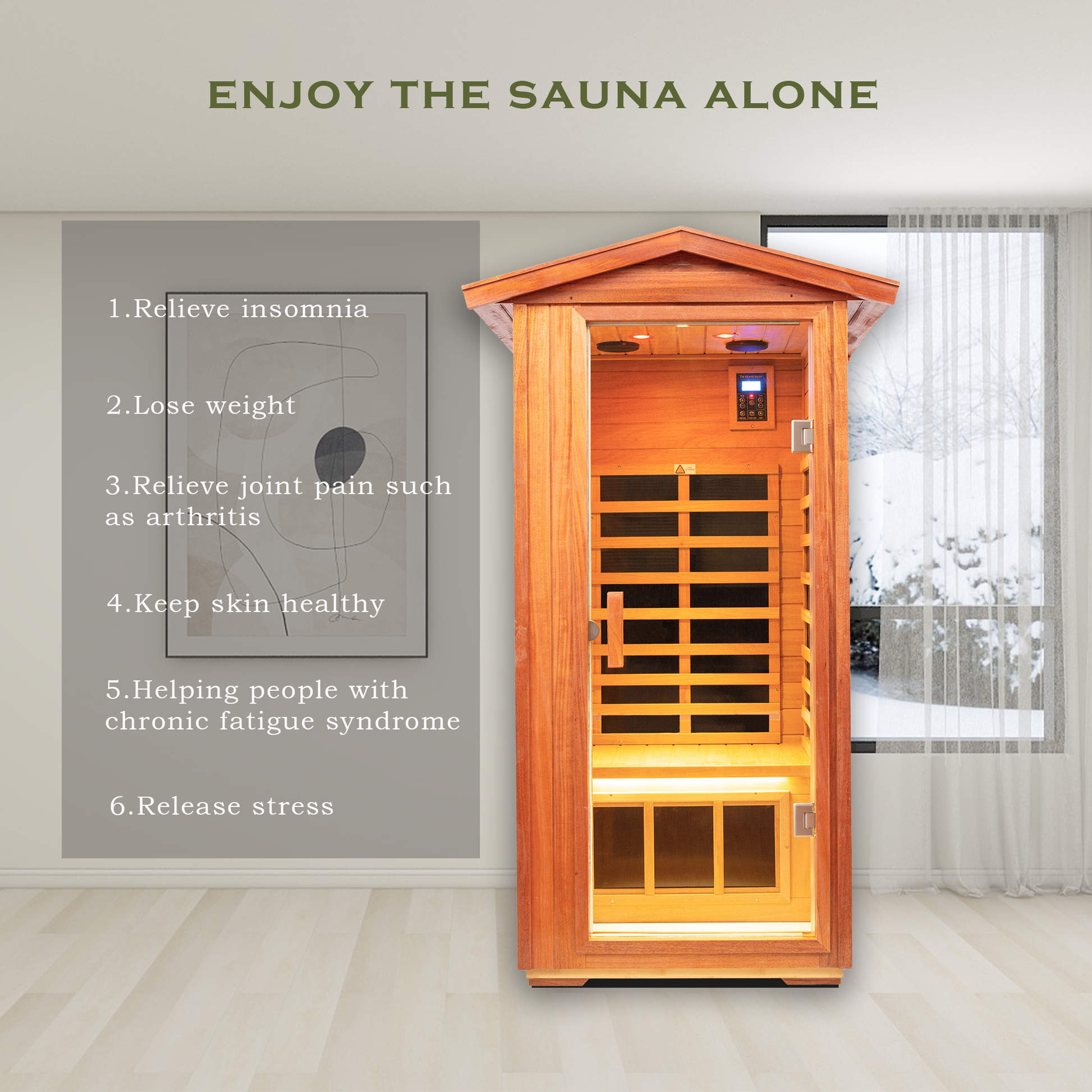 Wooden infrared sauna cabinet with digital controls promoting relaxation and wellness