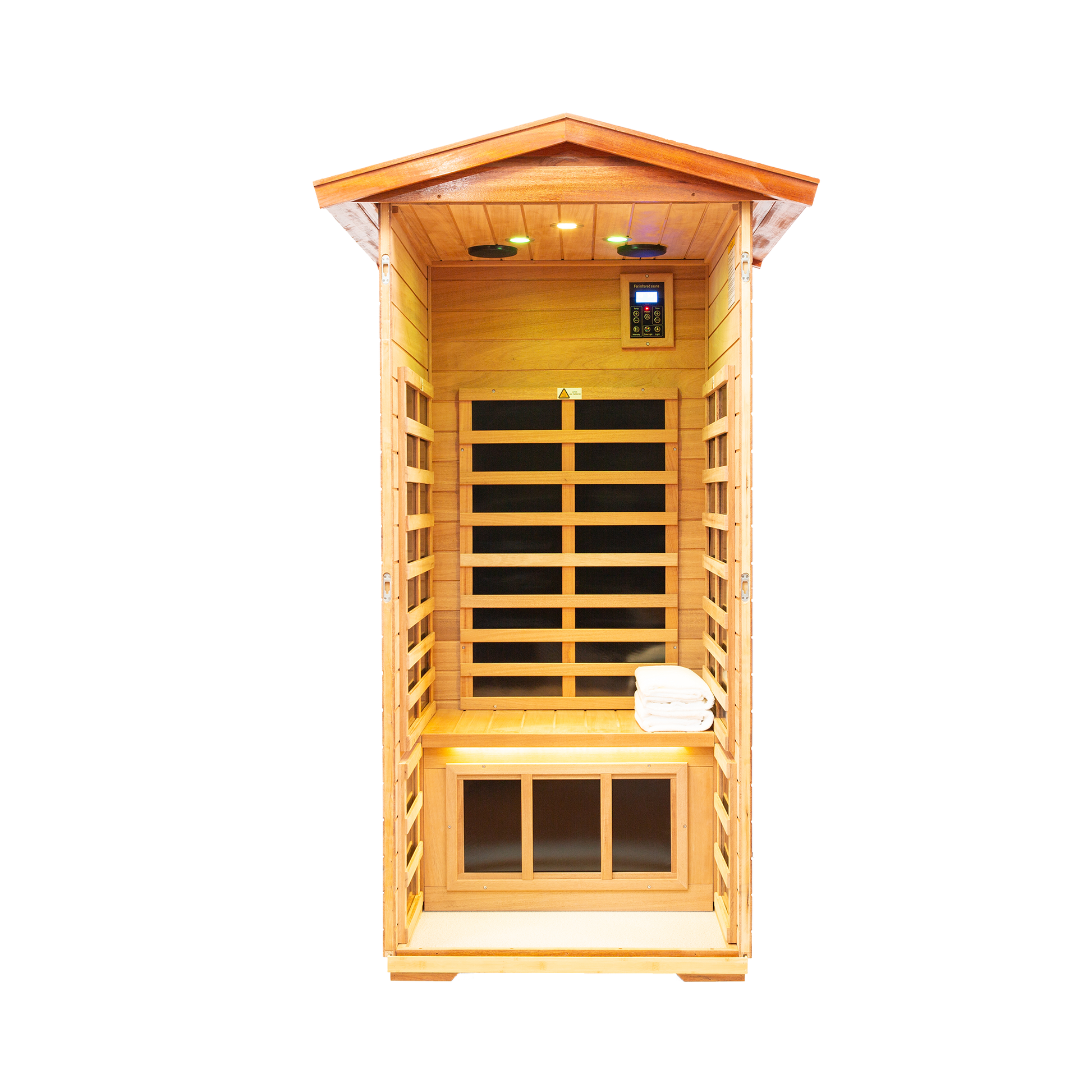 Interior view of a singleperson infrared sauna with wood paneling and control panel
