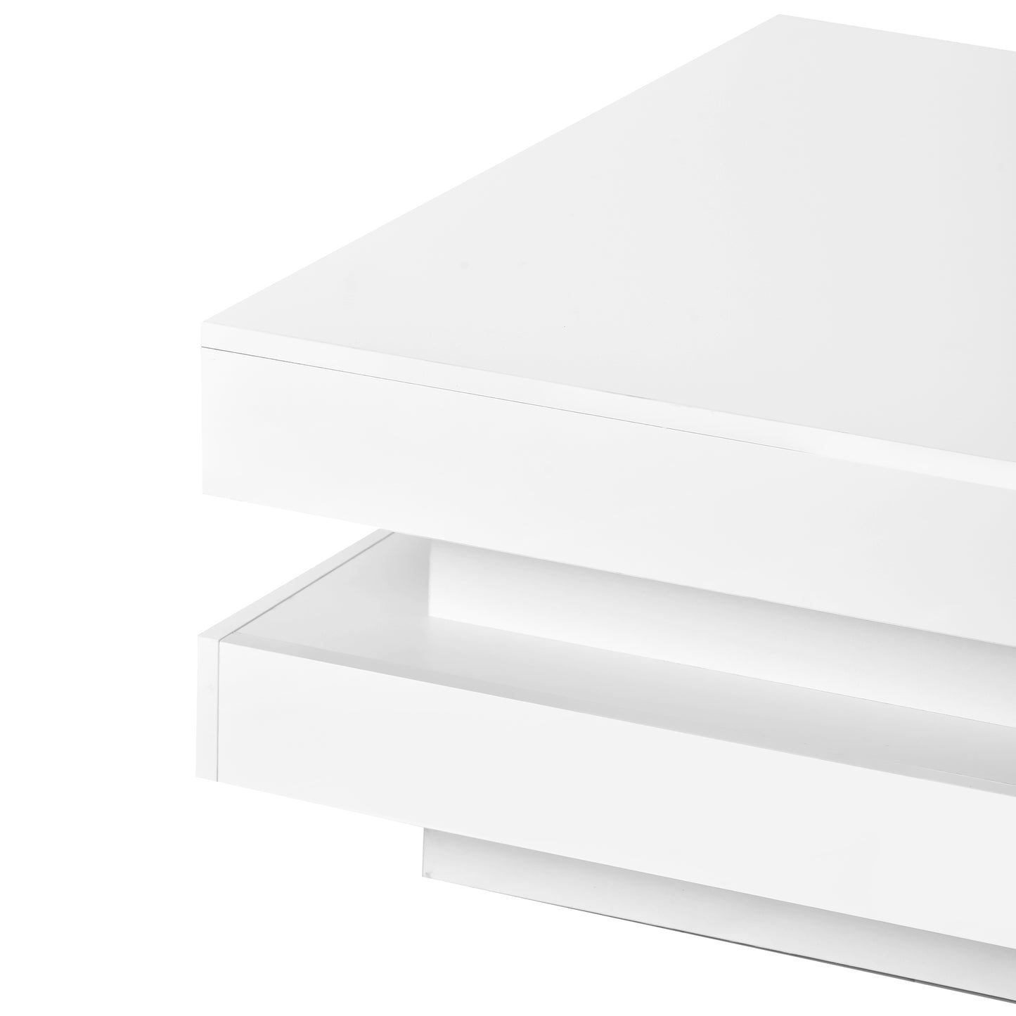 Modern white lacquered TV stand with two open shelves and a sleek design