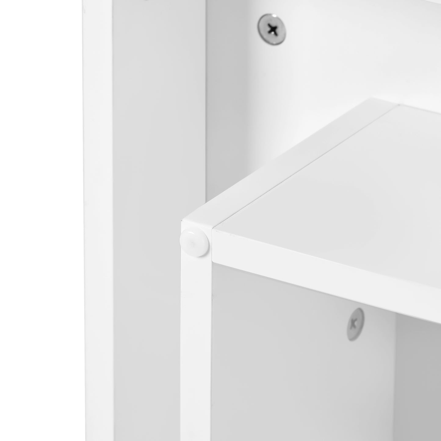 White modular shelf unit detail showing clean lines and silver screw fittings
