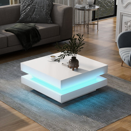 Modern white square coffee table with integrated blue LED lighting perfect for contemporary living rooms