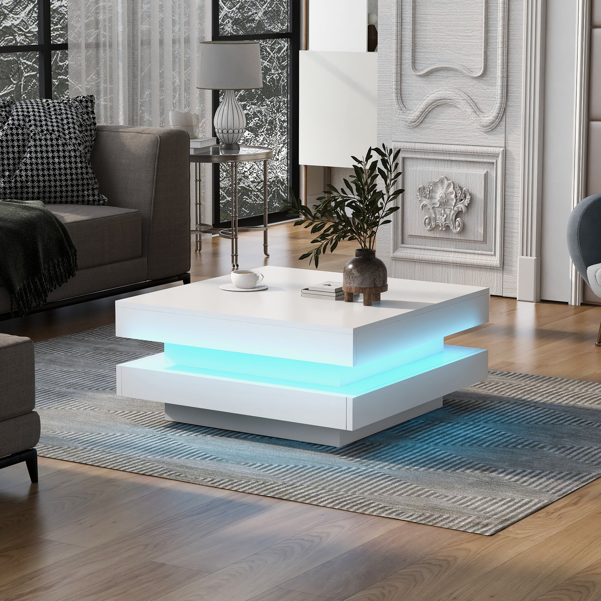 Modern white square coffee table with builtin blue LED lighting