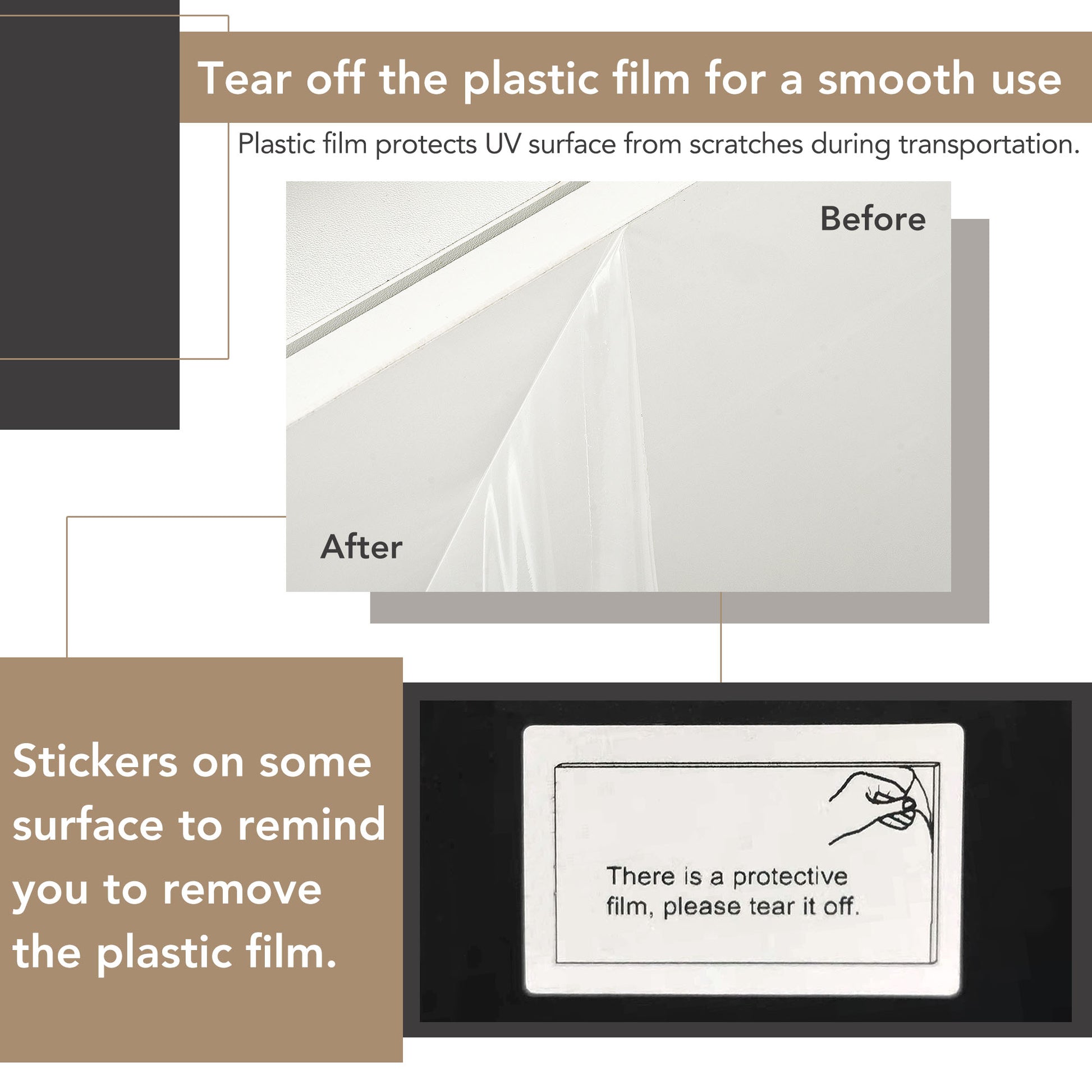 Clear protective plastic film on a textured surface before and after removal