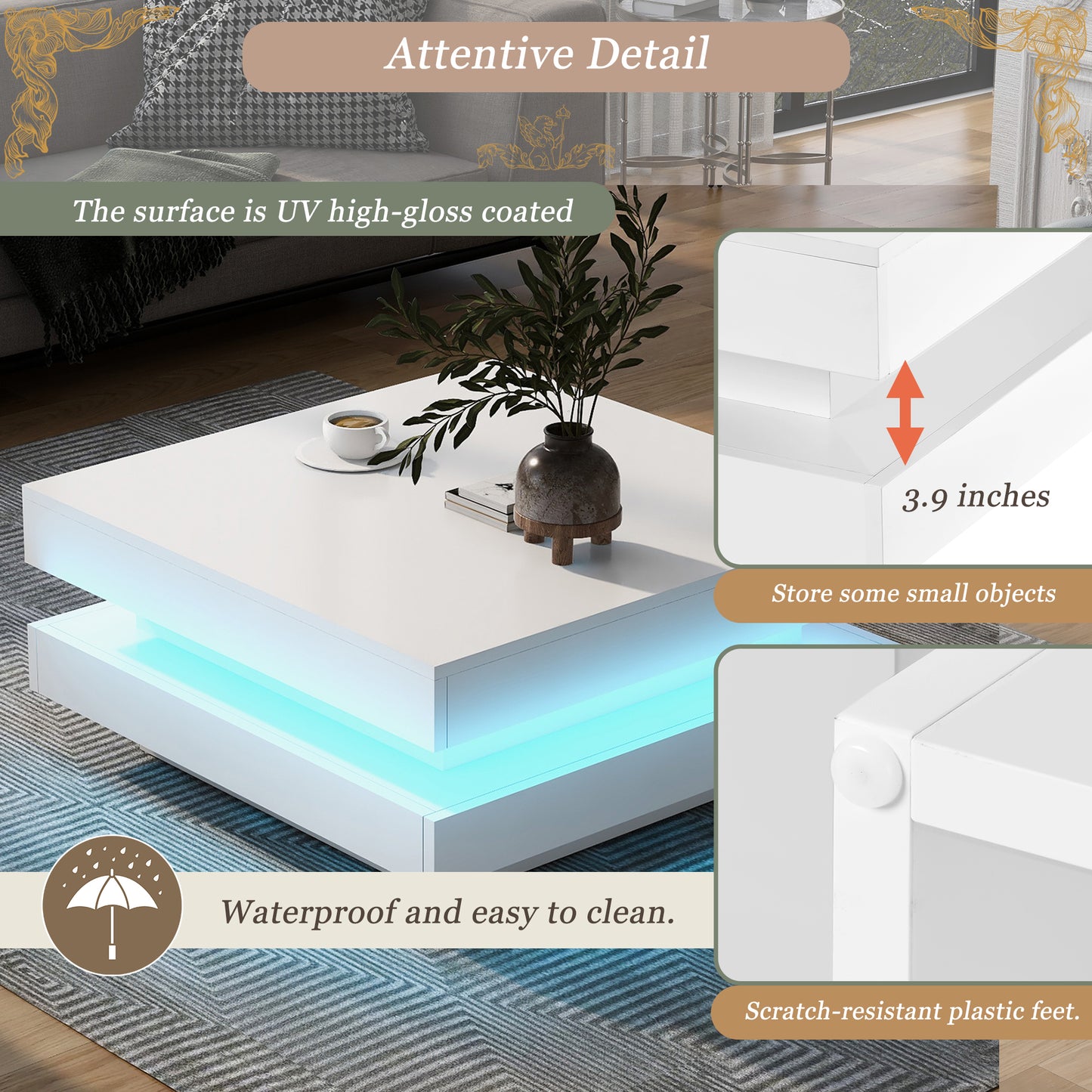 Modern white coffee table with integrated blue LED lighting perfect for living rooms