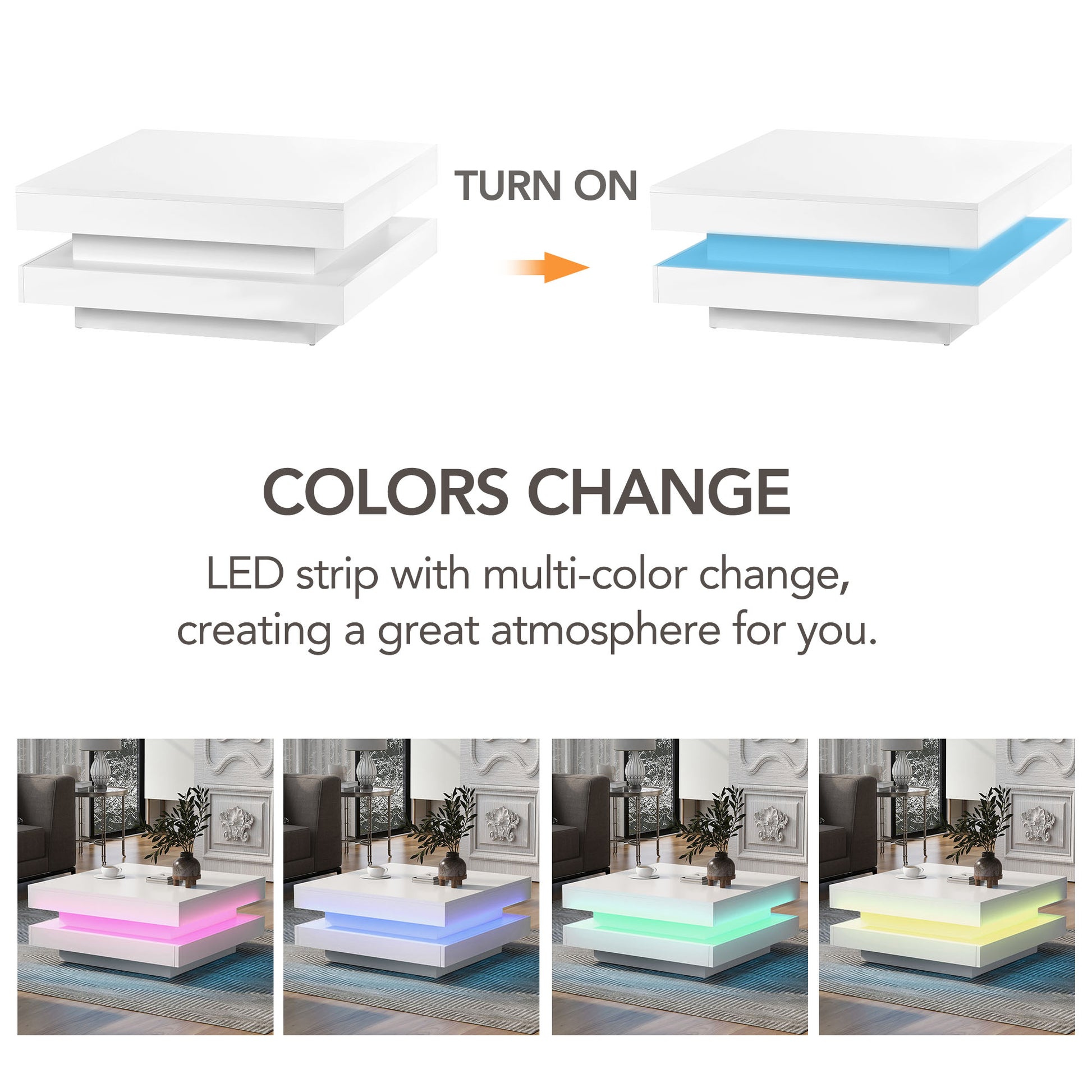 Modern white square coffee table with multicolor LED lighting glossy finish