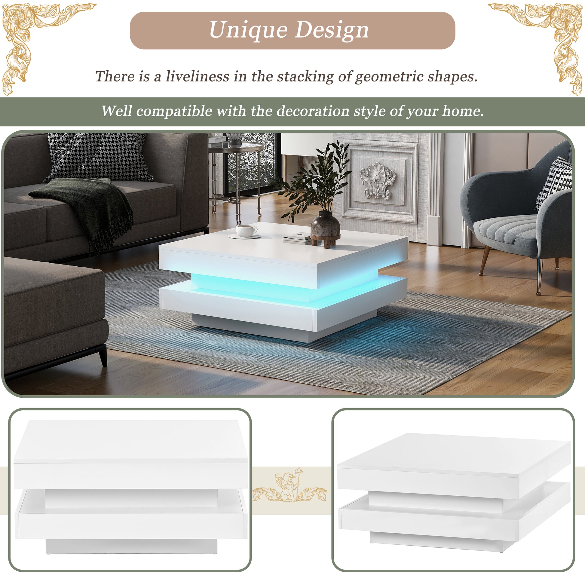 Modern white square coffee table with LED lighting in a living room setting