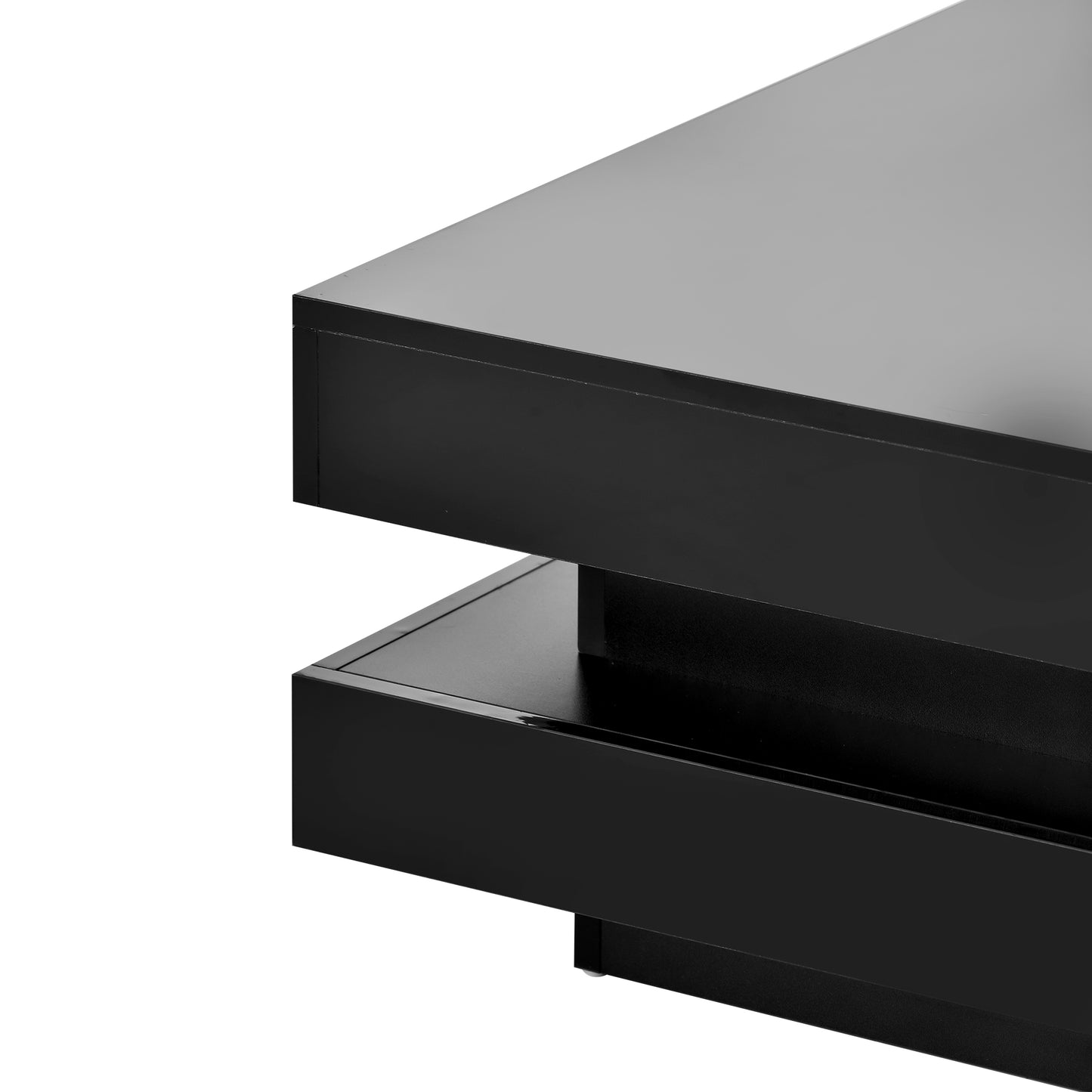 Sleek black minimalist coffee table featuring a layered design and smooth finish for modern living rooms