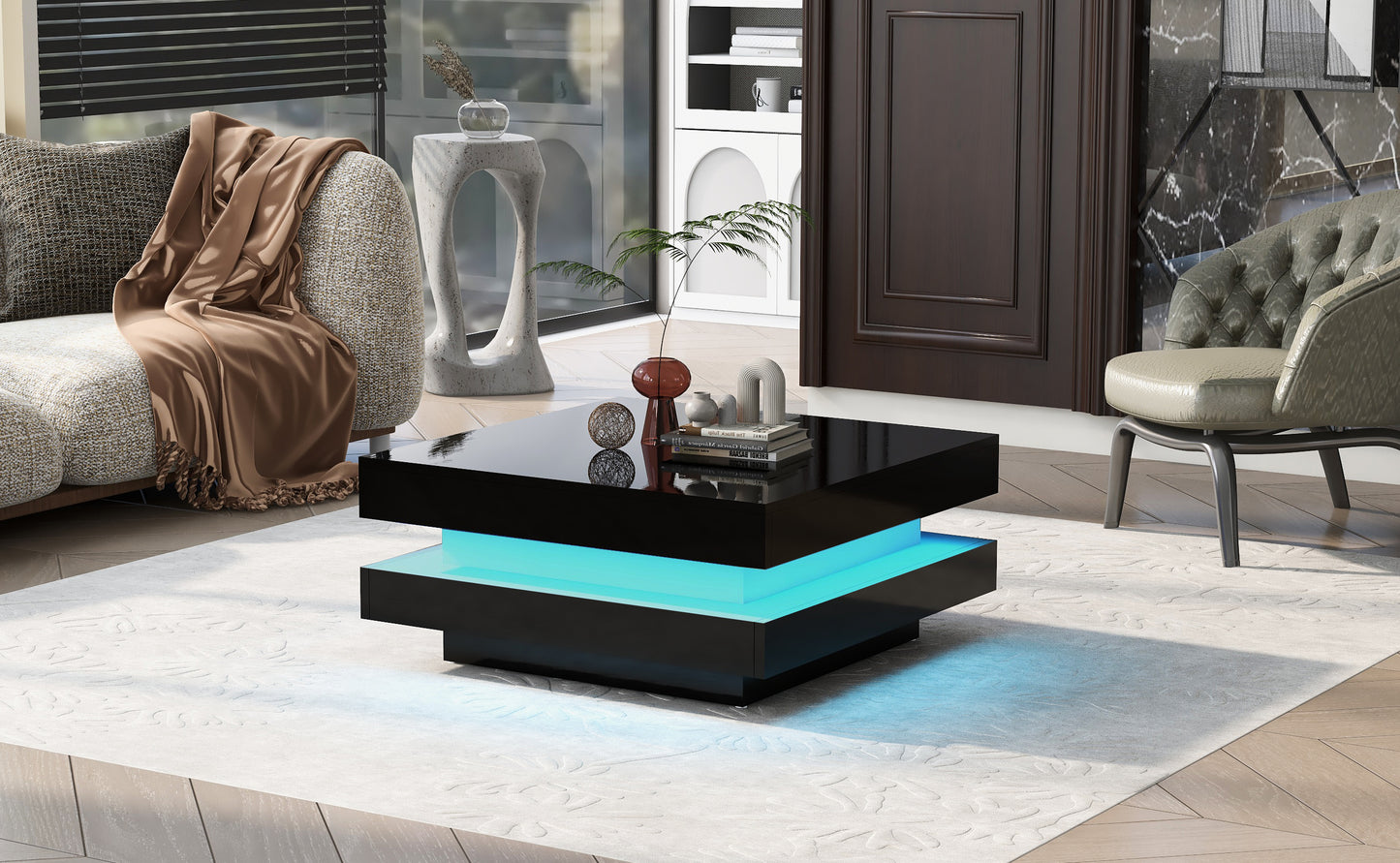 Sleek black high gloss coffee table with modern LED blue lighting center of a living room