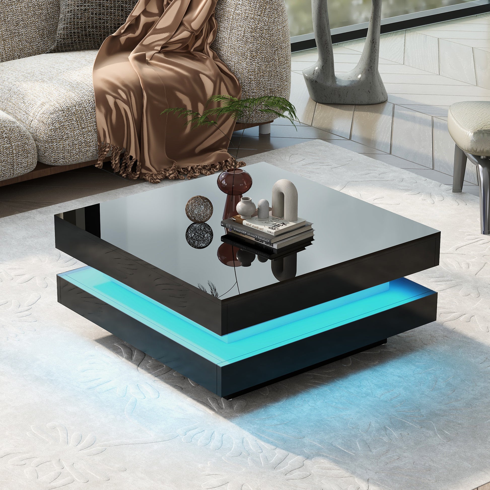 Sleek black coffee table with LED lighting offering modern living room style