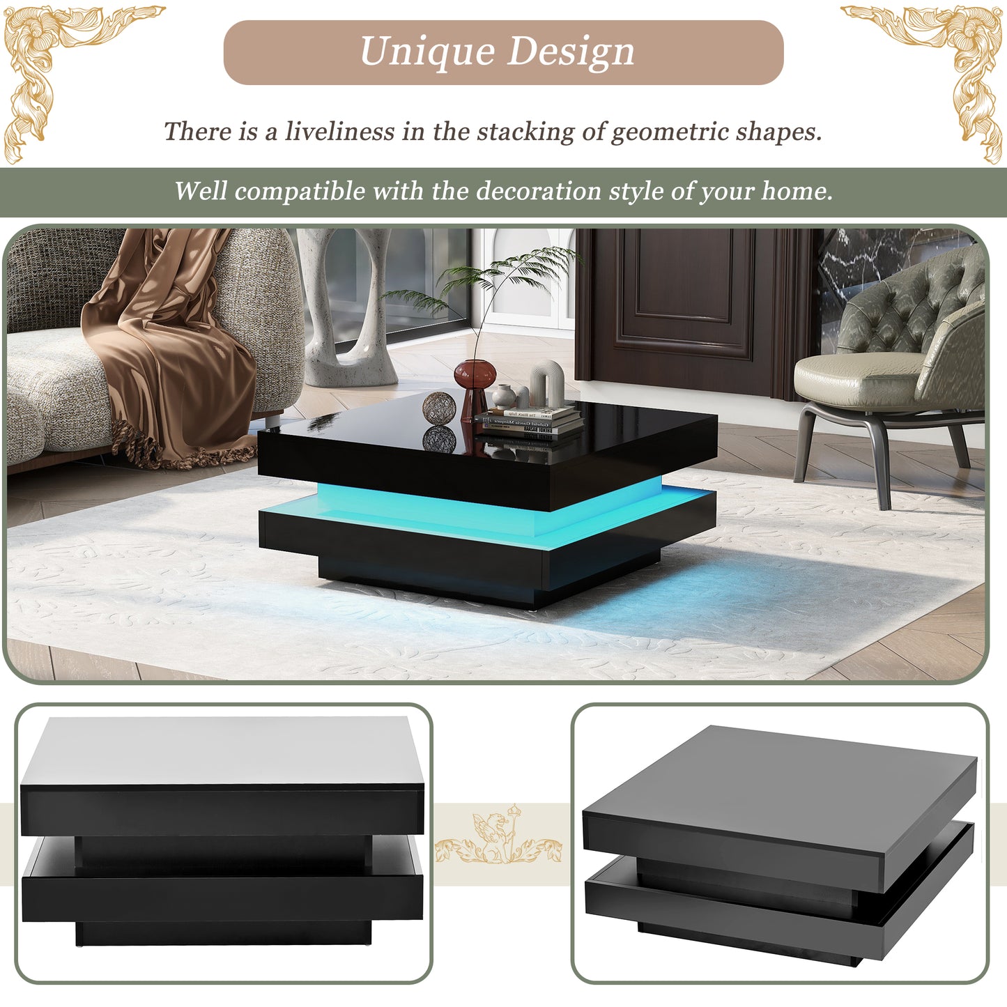 Modern black lacquer coffee table with blue LED lighting and tiered design