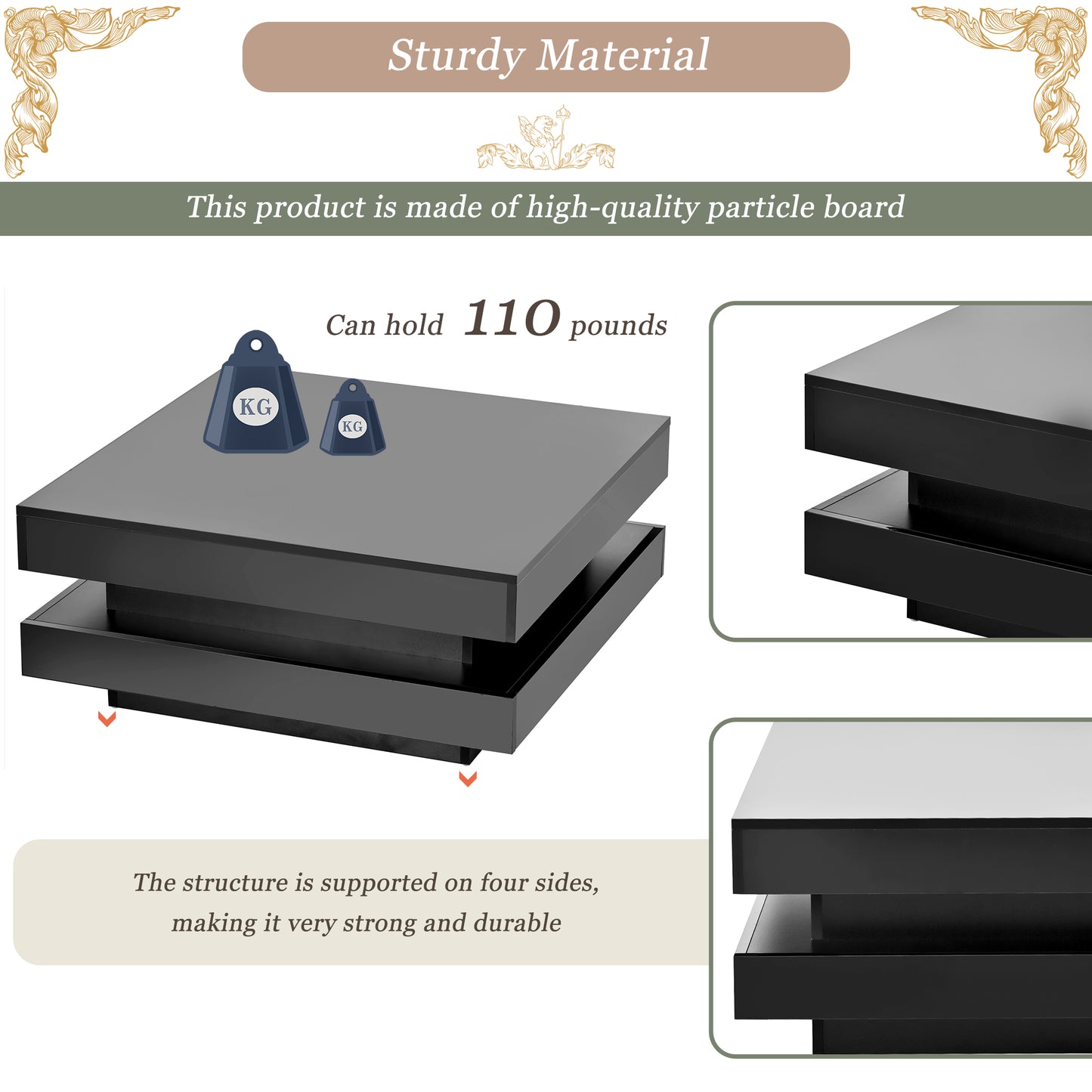 Black twotier coffee table made from particle board holds  lbs