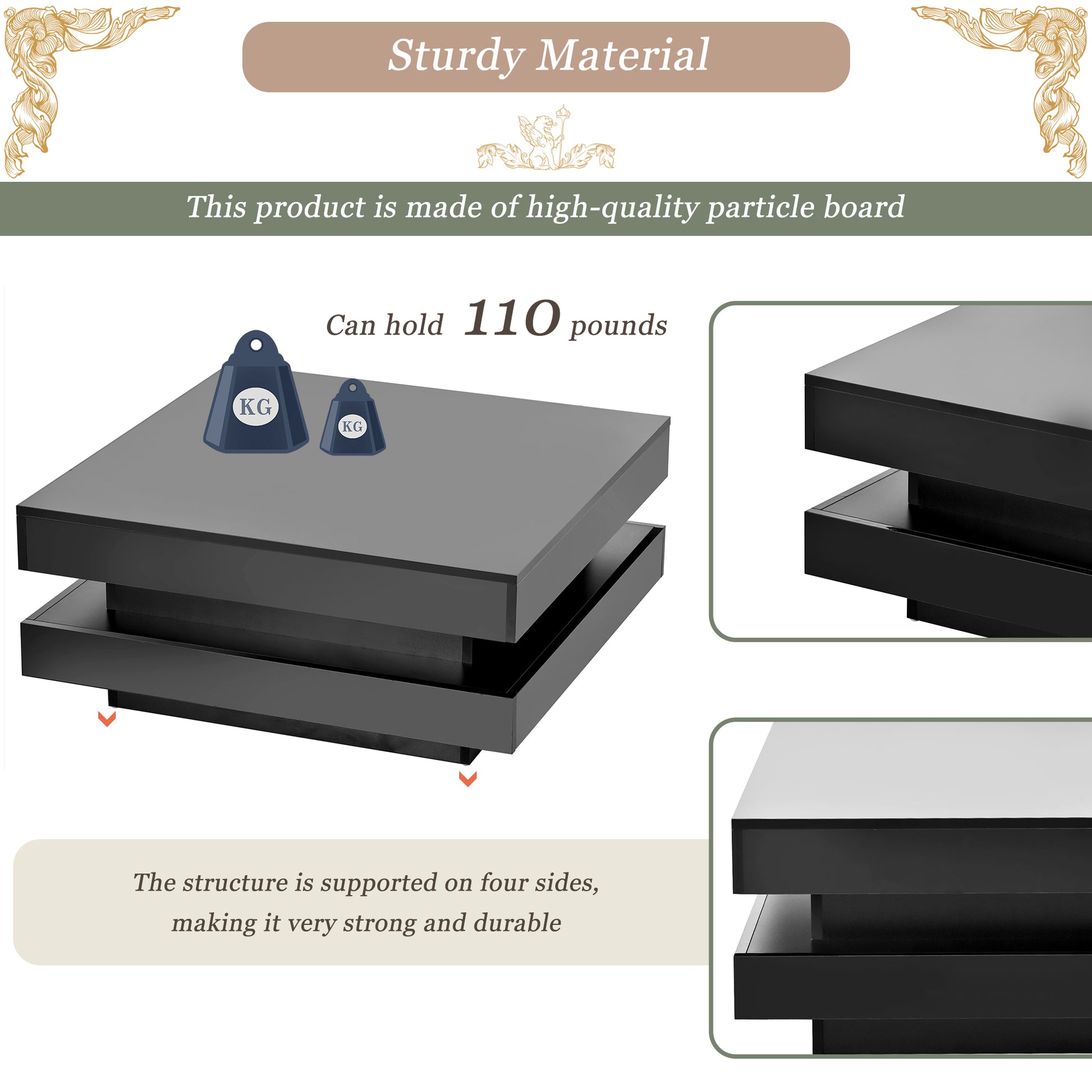 Black twotier coffee table made from particle board holds  lbs