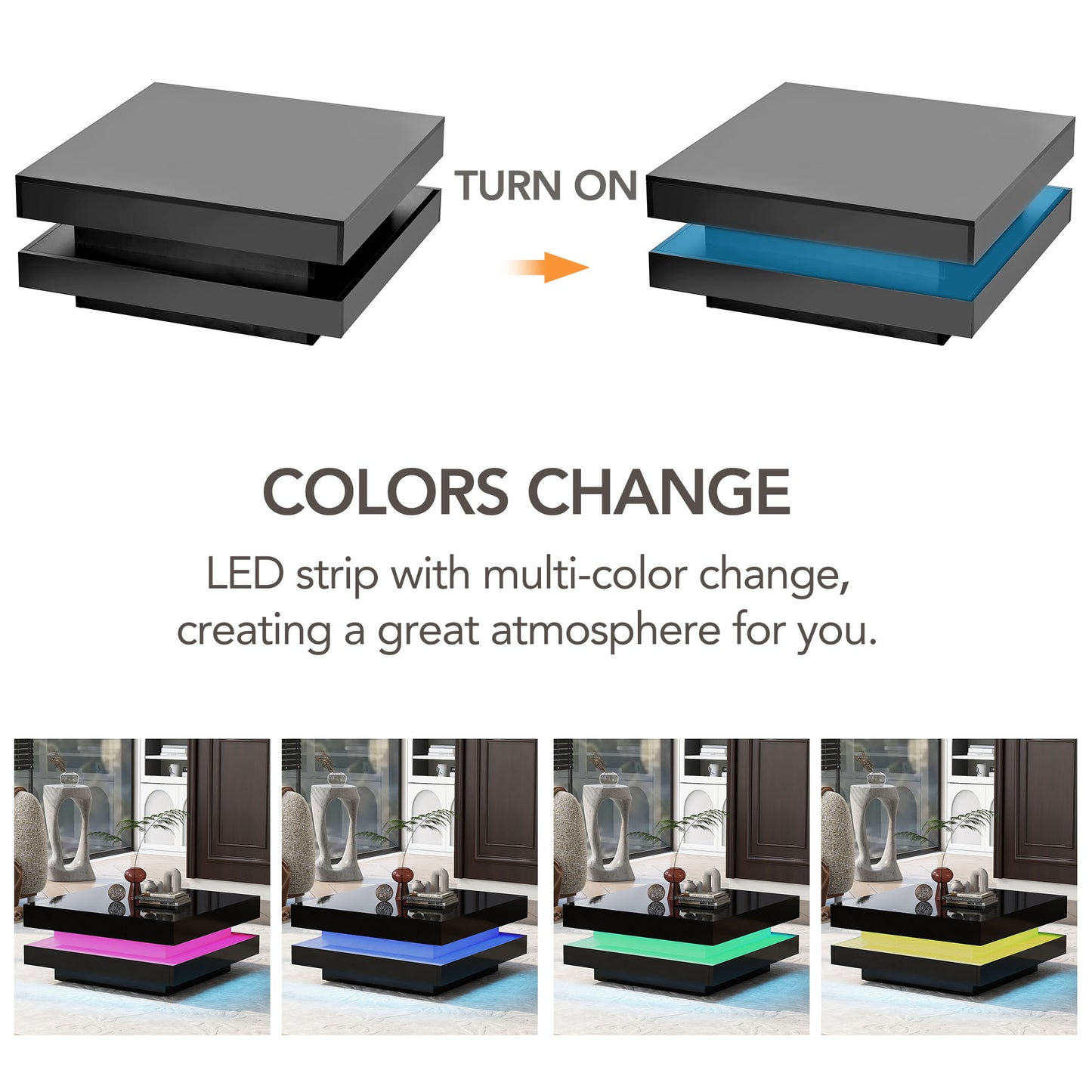 Modern black coffee table with multicolor LED lighting a sleek addition to any living room