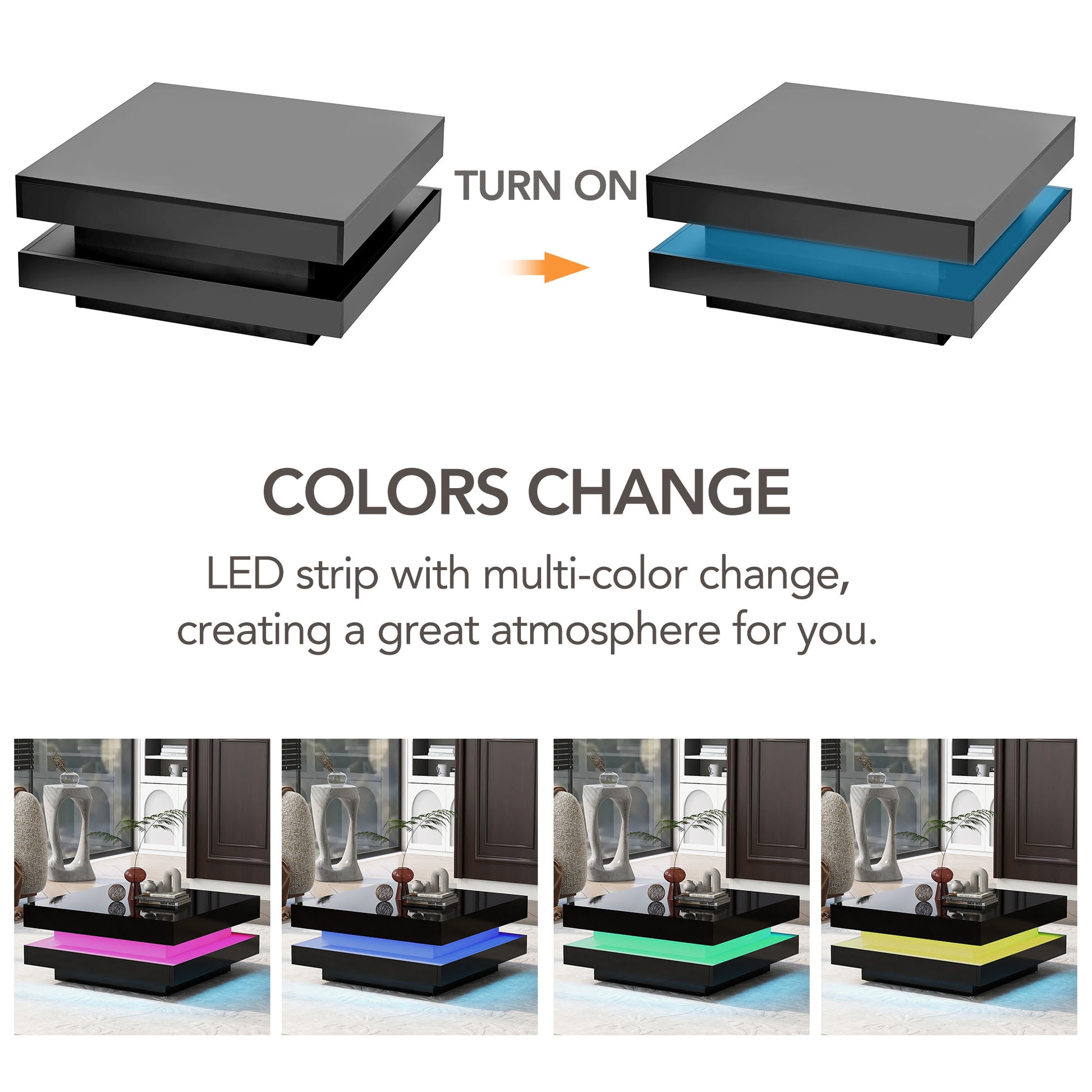 Modern black coffee table with multicolor LED lighting a sleek addition to any living room