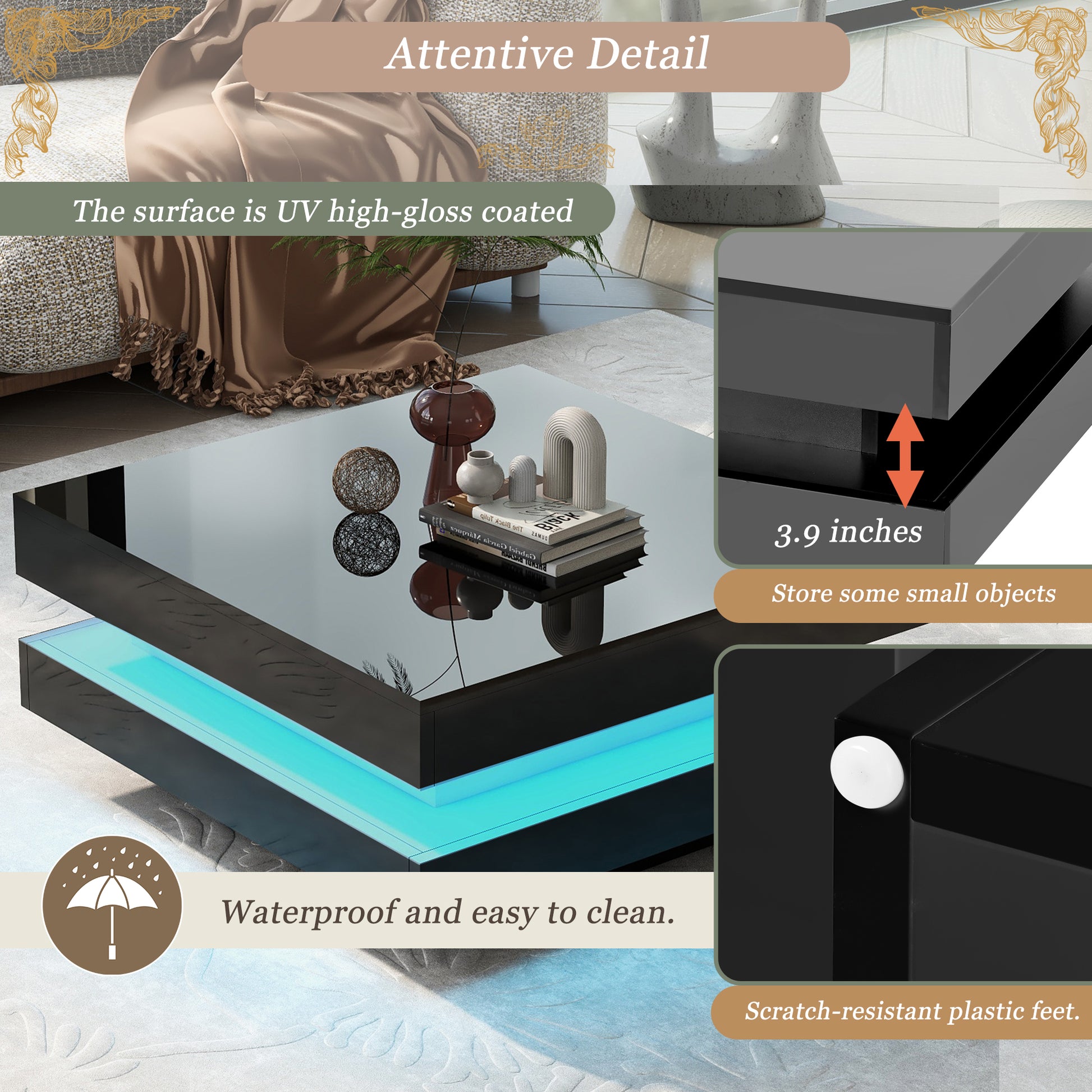 Black UV highgloss coffee table with blue LED lighting