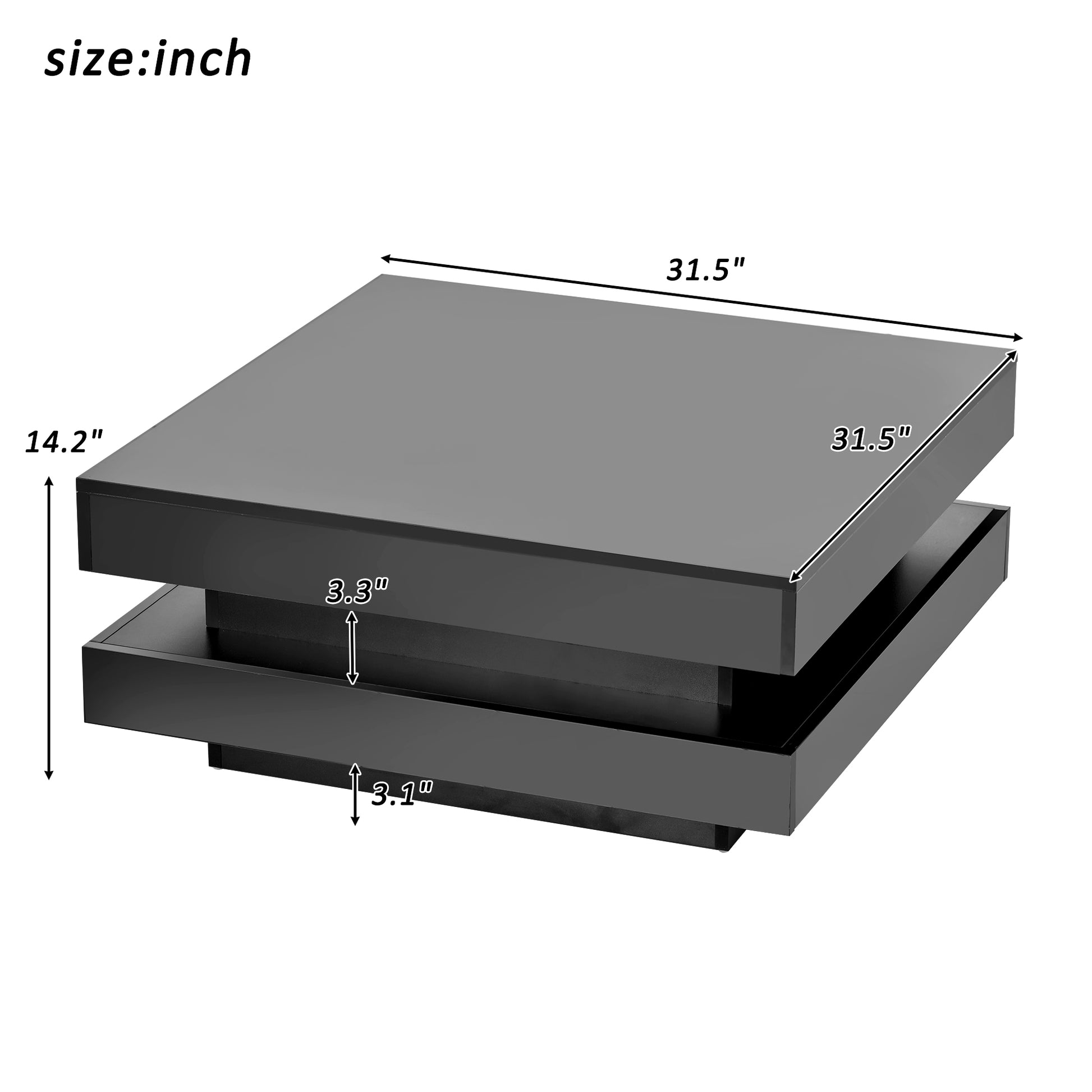 Modern black coffee table with layered design and  inch width