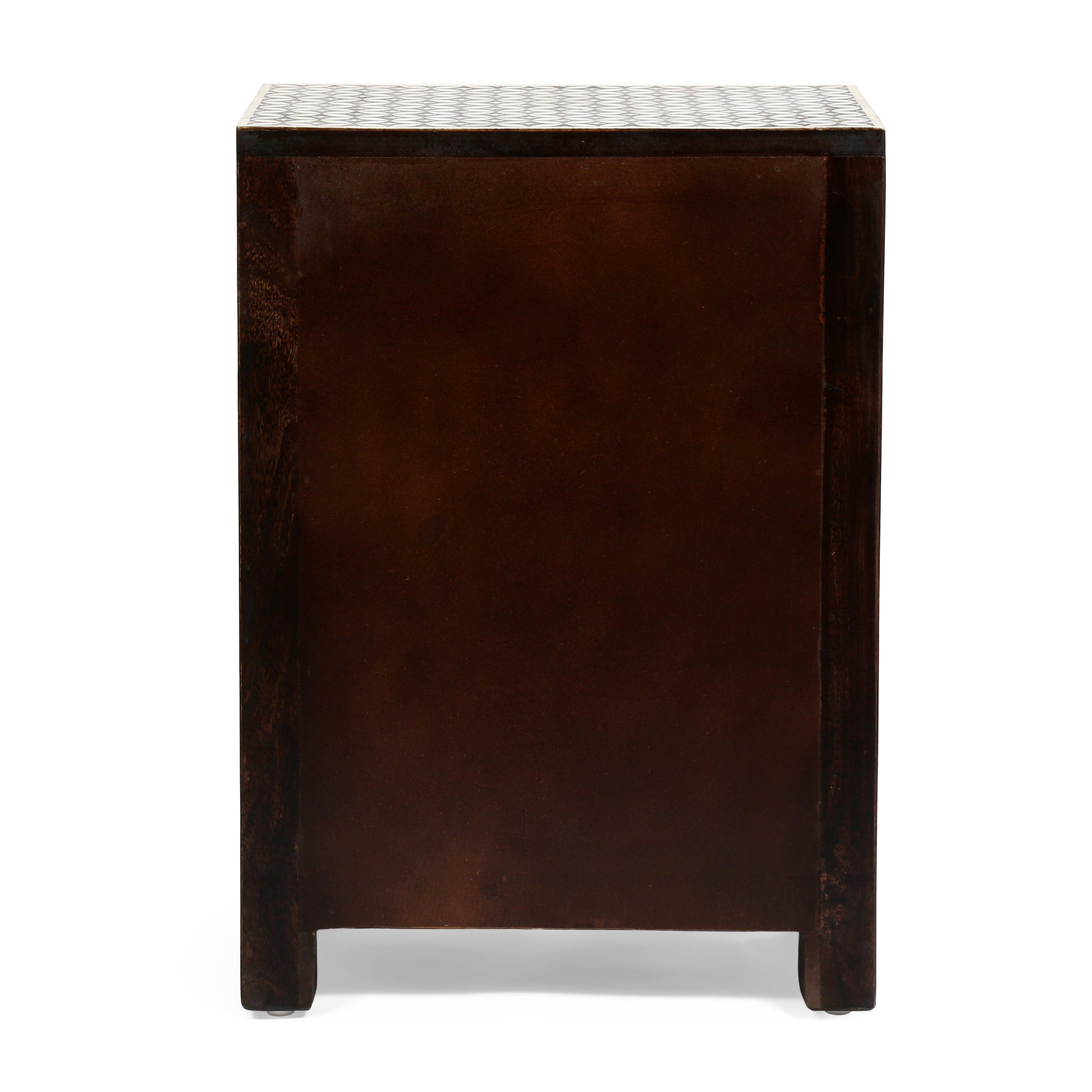 Dark wood side table with decorative geometric pattern on top