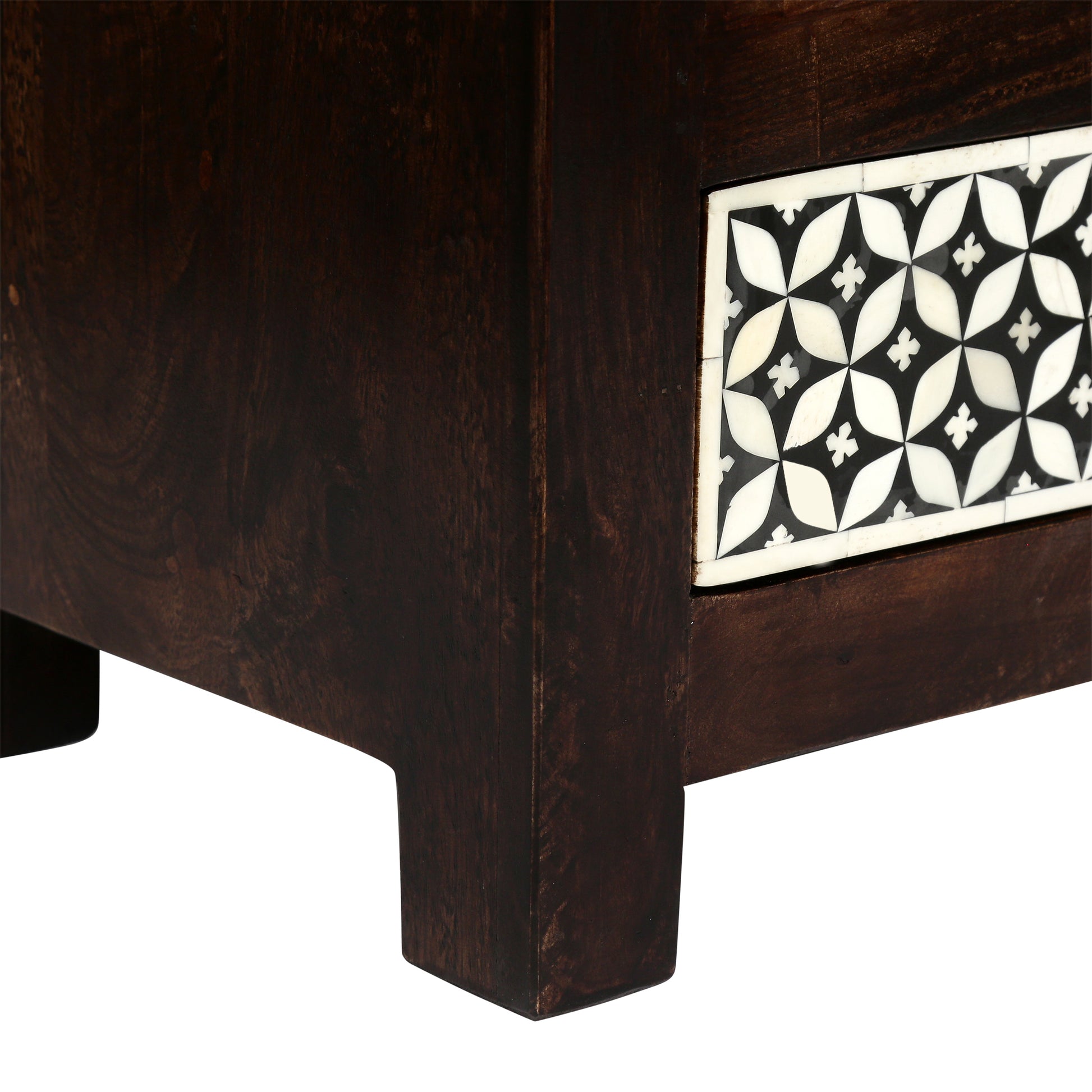 Dark wood chest with intricate black and white bone inlay drawer front
