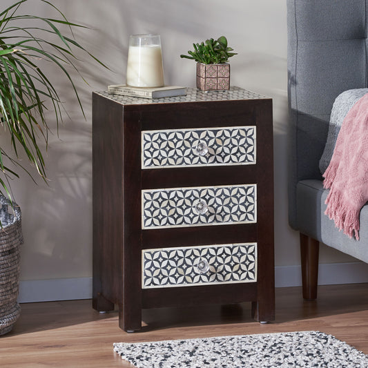 Bone inlay bedside table with three drawers and crystal knobs