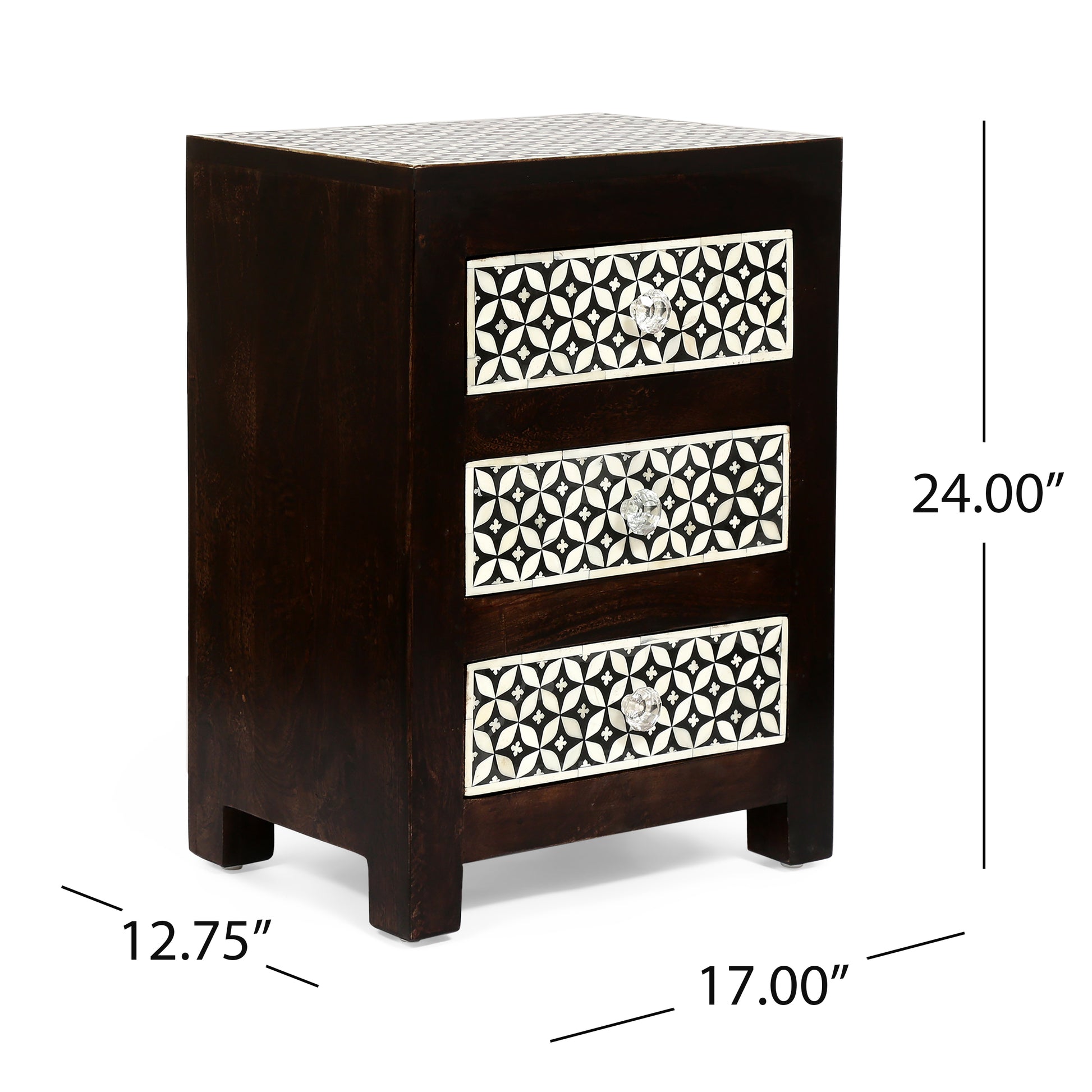 Dark wood threedrawer nightstand with white geometric inlay and crystal knobs