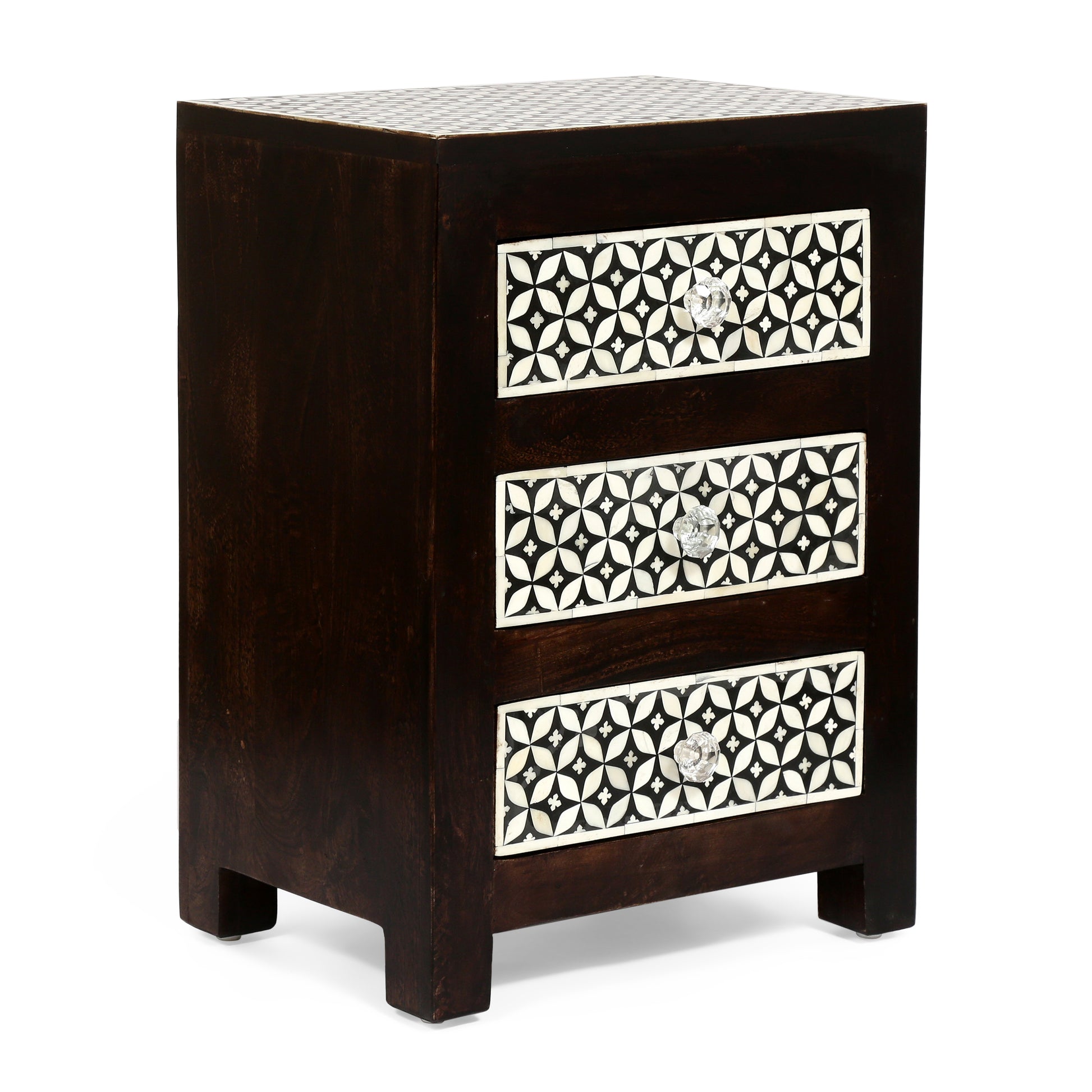 Dark wood threedrawer bedside table with intricate bone inlay geometric patterns and crystal knobs