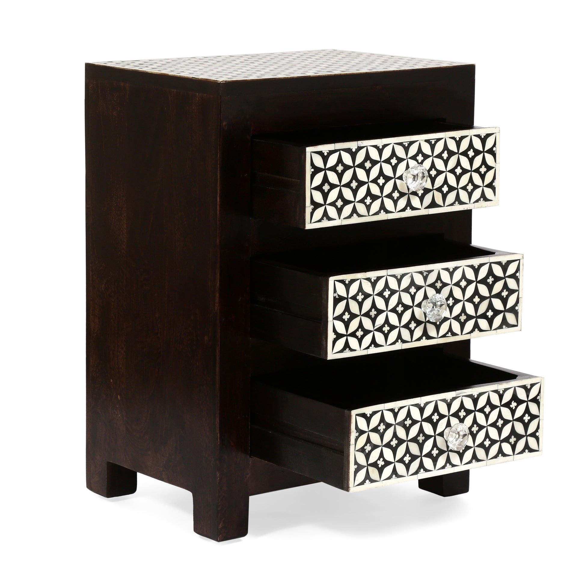 Dark wood threedrawer chest with ornate bone inlay fronts