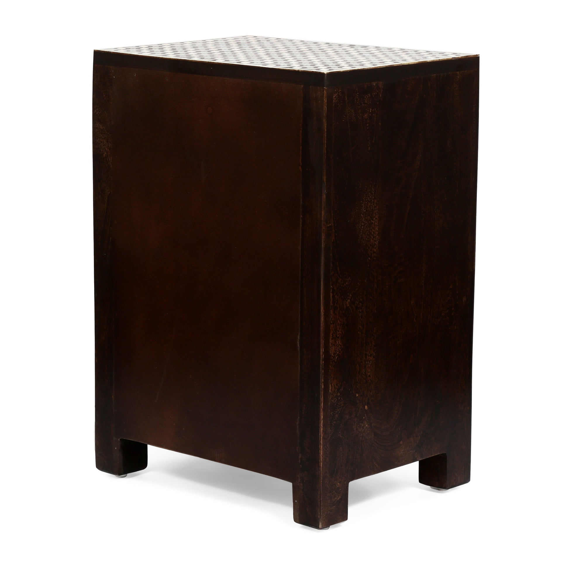 Dark wood rectangular storage stool with a patterned mosaic top