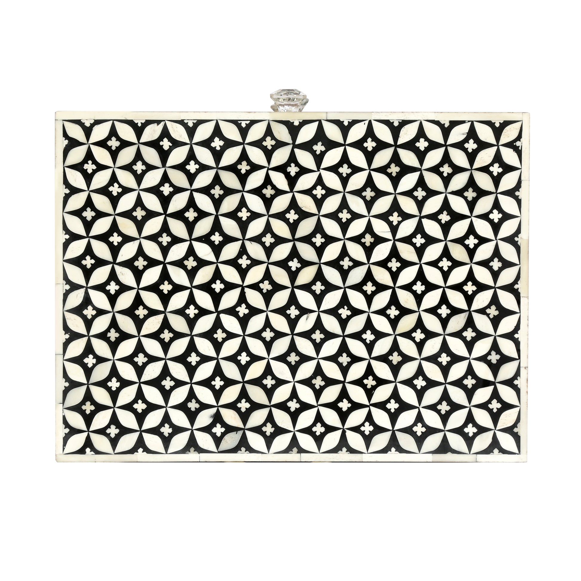 Black and white patterned bone inlay clutch with crystal clasp