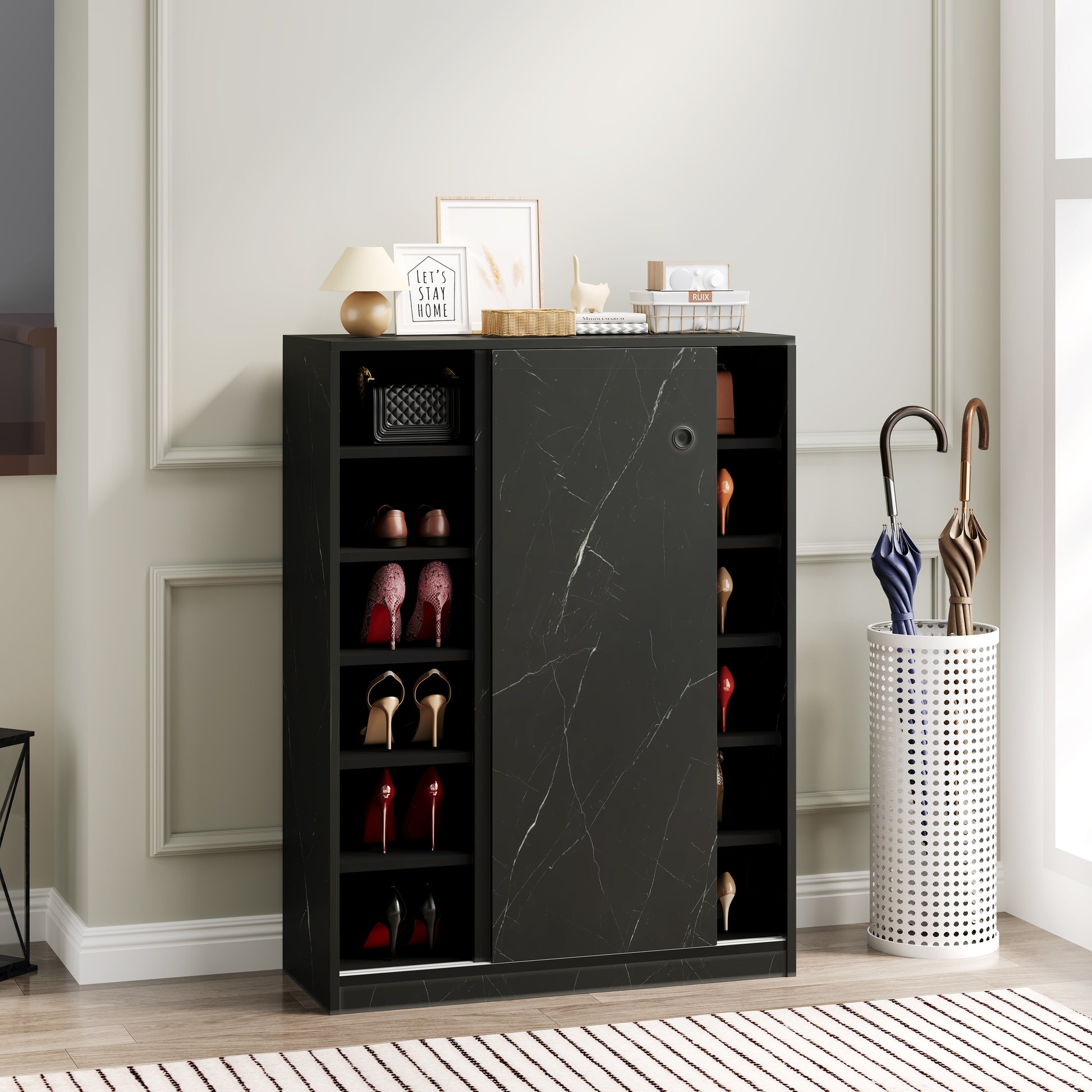 Black marble effect shoe cabinet with multiple shelves for organized shoe storage