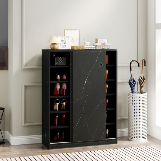 Black marble effect shoe cabinet with multiple shelves for organized shoe storage