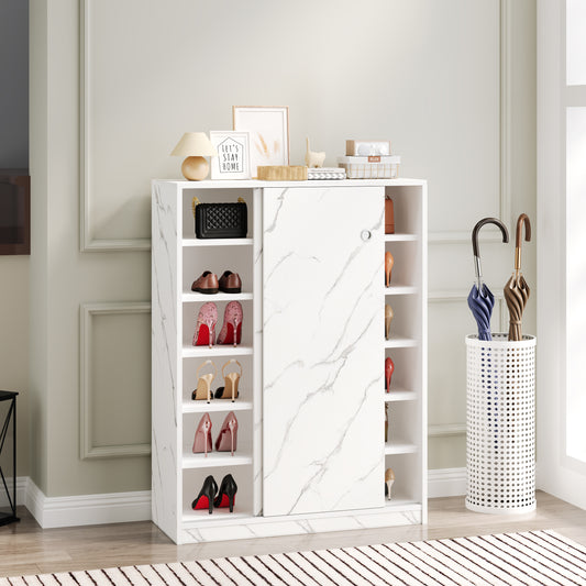 White marble effect shoe cabinet with open shelves and sliding door