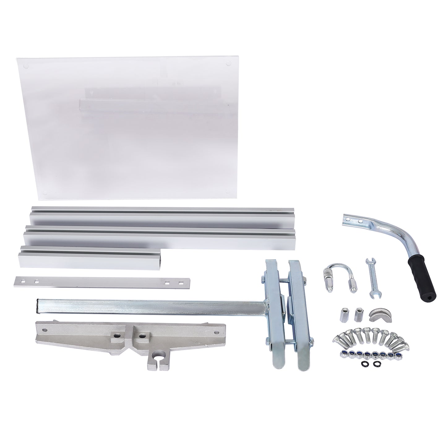 Metal guide rail components with hardware for woodworking projects