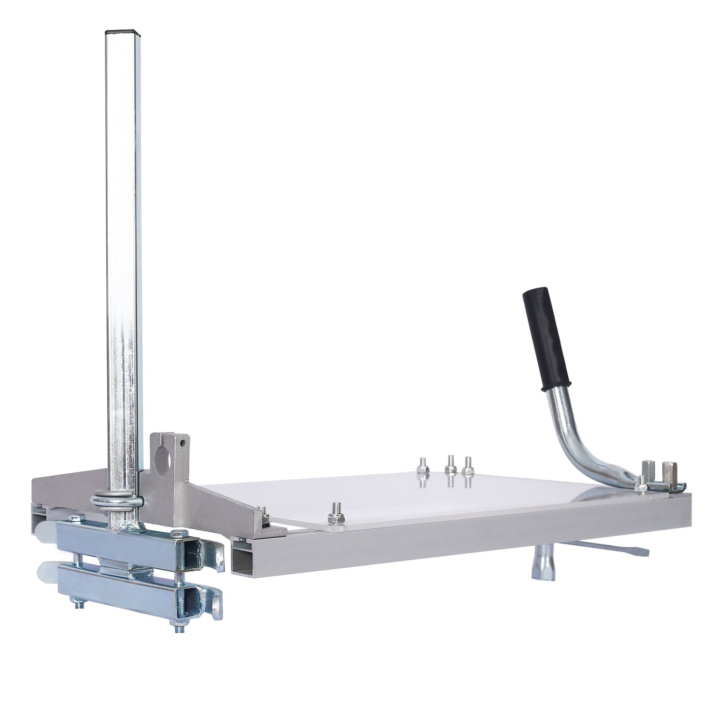 Silver metal chainsaw mill attachment with black handle and adjustable clamp